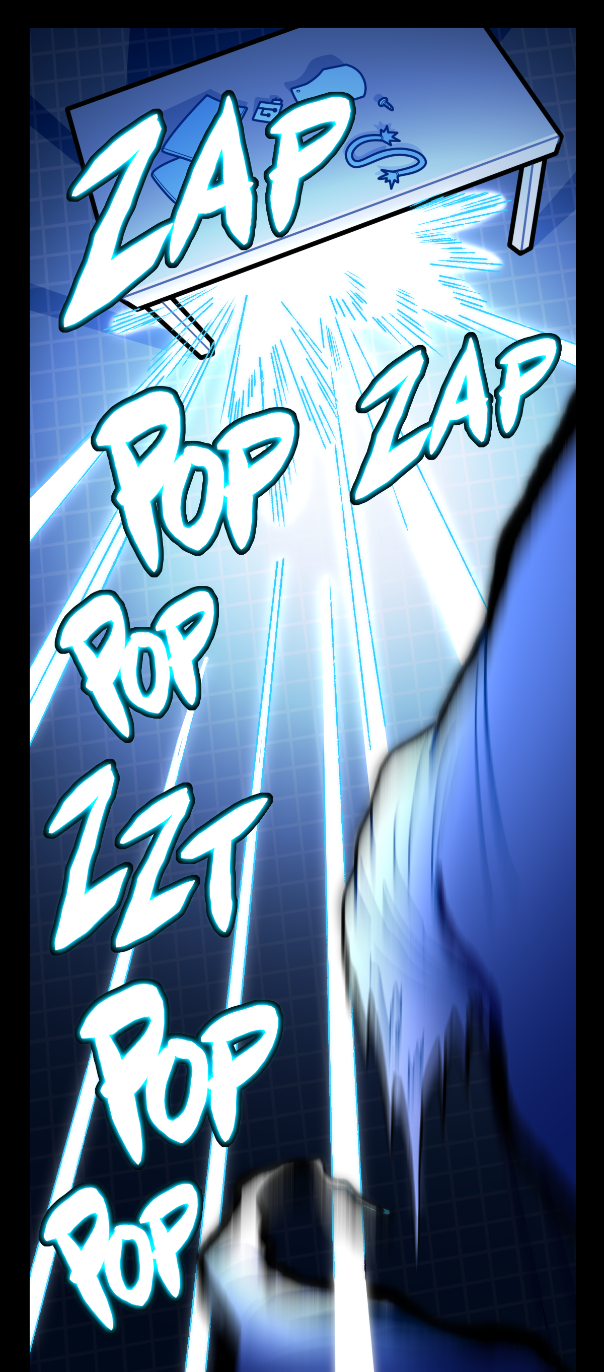 Fossil opens fire without hesitation, lighting up the area with a blinding blue and white light. Text repeats the words zap and pop as the parasite is shot to shreds from the neck up.