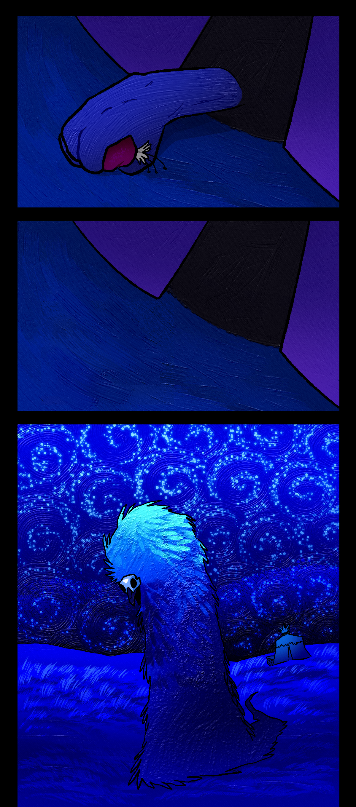 She grabs the food, pulling it inside. In the next panel, the Nightcrawler is heading in the direction away from the tent and back towards the Rings.