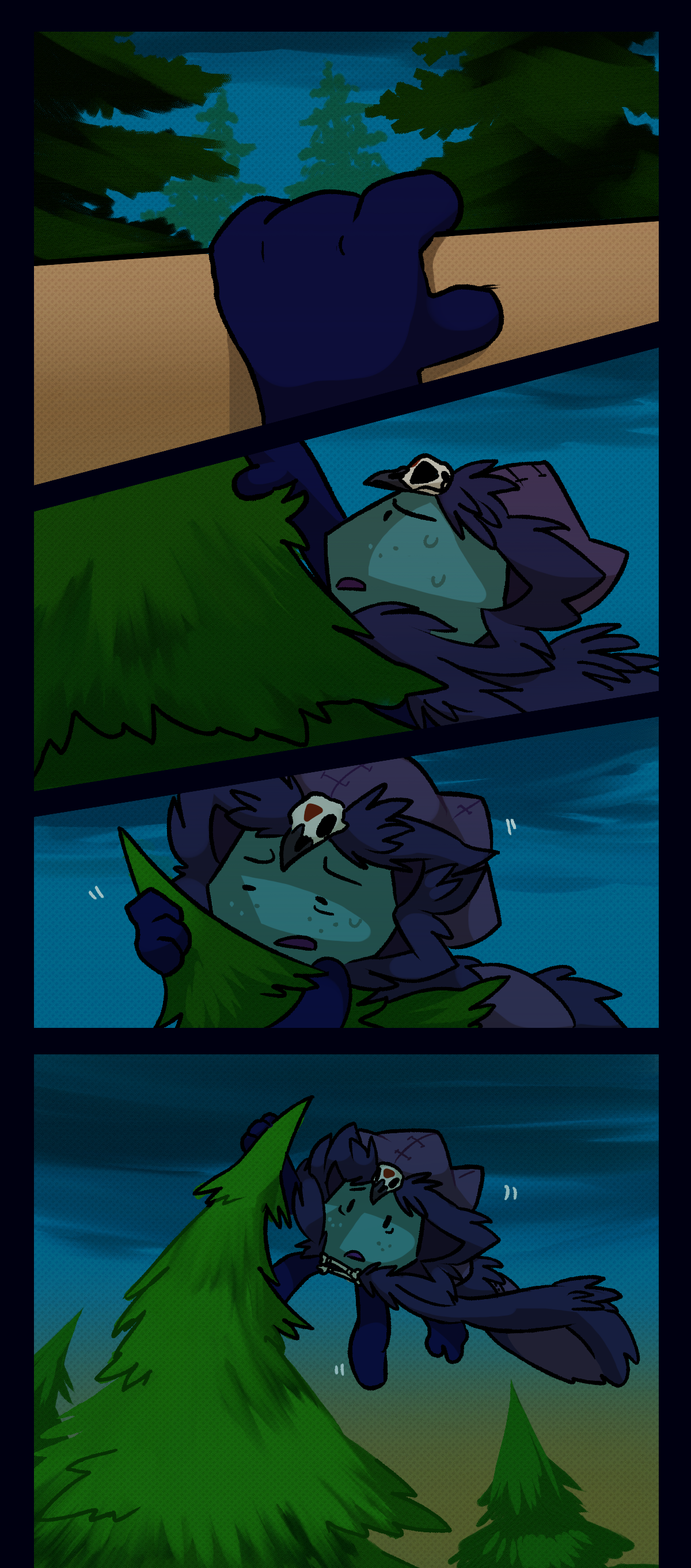 Comet grips the top of the wall and pulls herself over climbing to the top of a pine tree. She stares forward