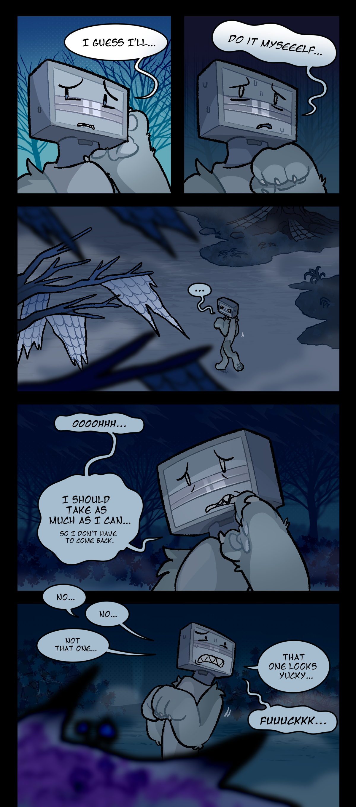 Bic looks back towards where they were going as Dolly leaves, grimacing as they say, I guess I'll, do it myself. They look around anxiously as they approach the body of a shroud, the one that Dynamite and Mushroom killed before joining the razor pack. Chewing on one of their claws, Bic says, Ooh, I should take as much as I can. So I don't have to come back. They keep looking around, saying, No, No, Not that one, That one looks yucky, Fuck.