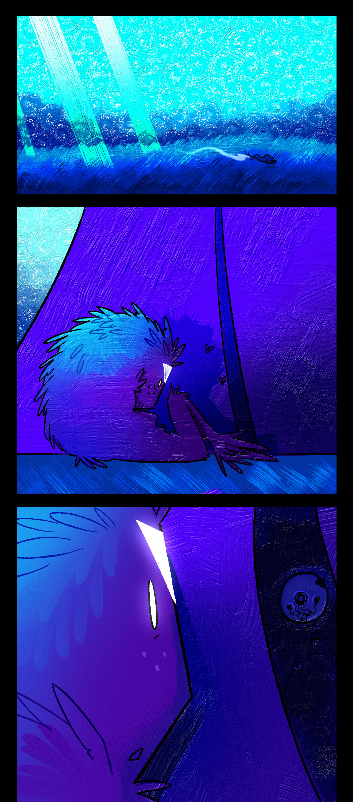 The Nightcrawler sprints away, leaving a trail of smoke. Afterwards, it sits in front of Comet's tent expectantly. Comet's eye peeks out from inside the darkness of the tent, and the two stare at each other.