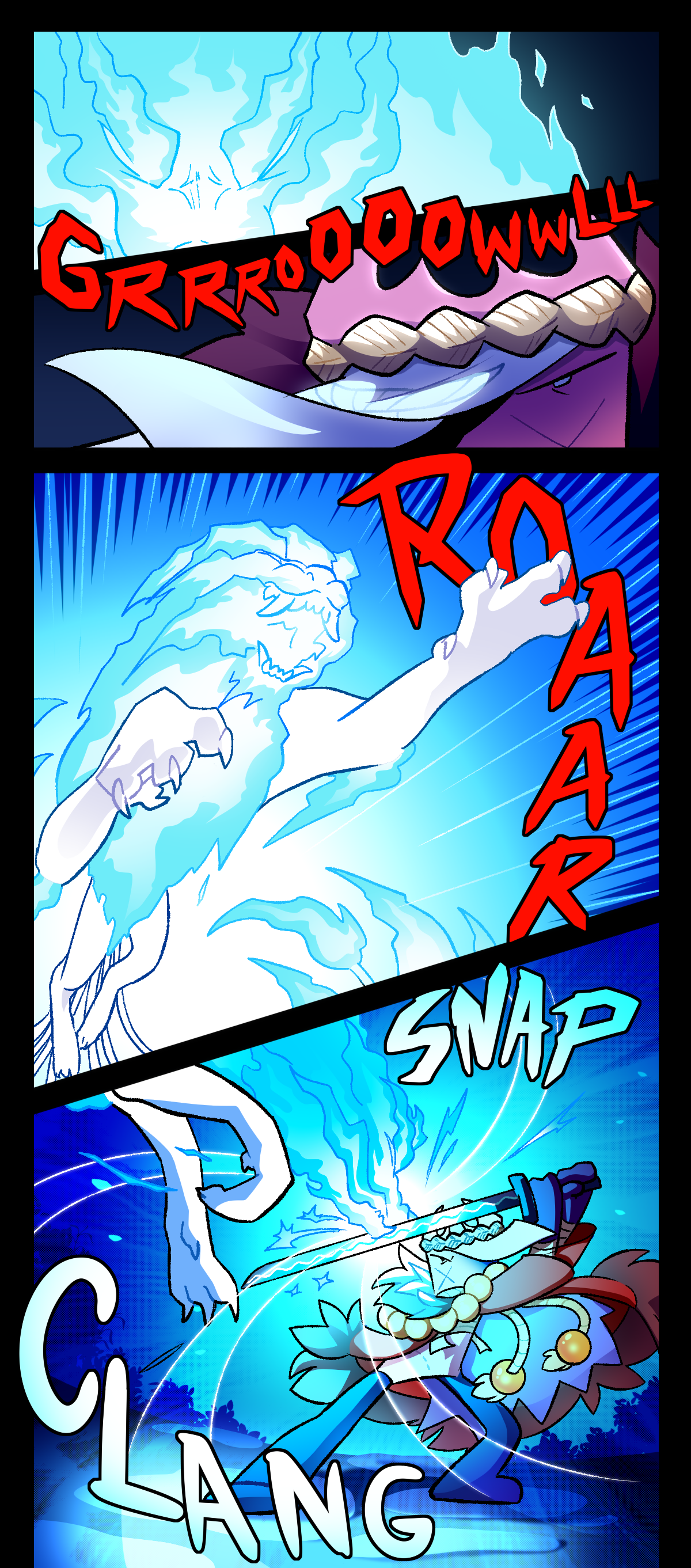 Wick growls loudly. Wick and Gum glare at each other. Wick pounces towards gum, roaring. Wick's bite is blocked by Gum's blade. Text says snap and clang. 