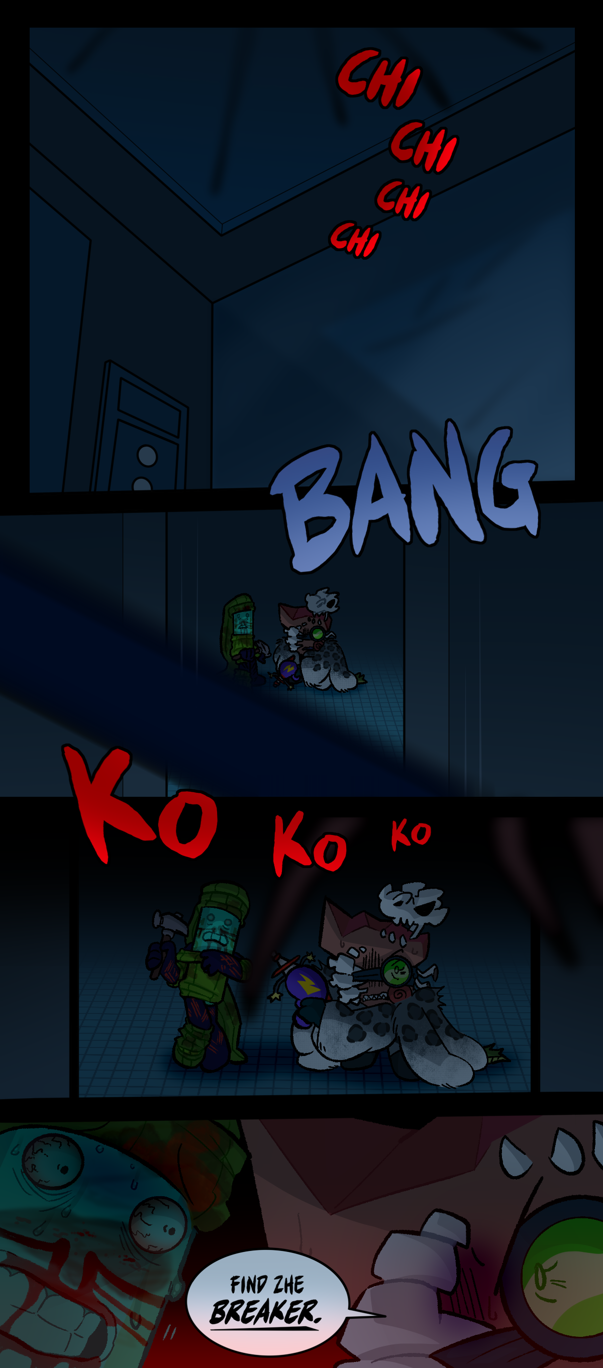 Long, dark legs can be seen through the transparent ceiling of the elevator. An assimilated object chitters. The ceiling cover falls down to the floor with a loud bang. The shot zooms in on Fossil and Painkiller panel by panel, as long insectoid legs descend from the elevator shaft and more assimilated object vocalizations can be heard. The two stare intensely at each other, as Fossil says, Find the breaker.