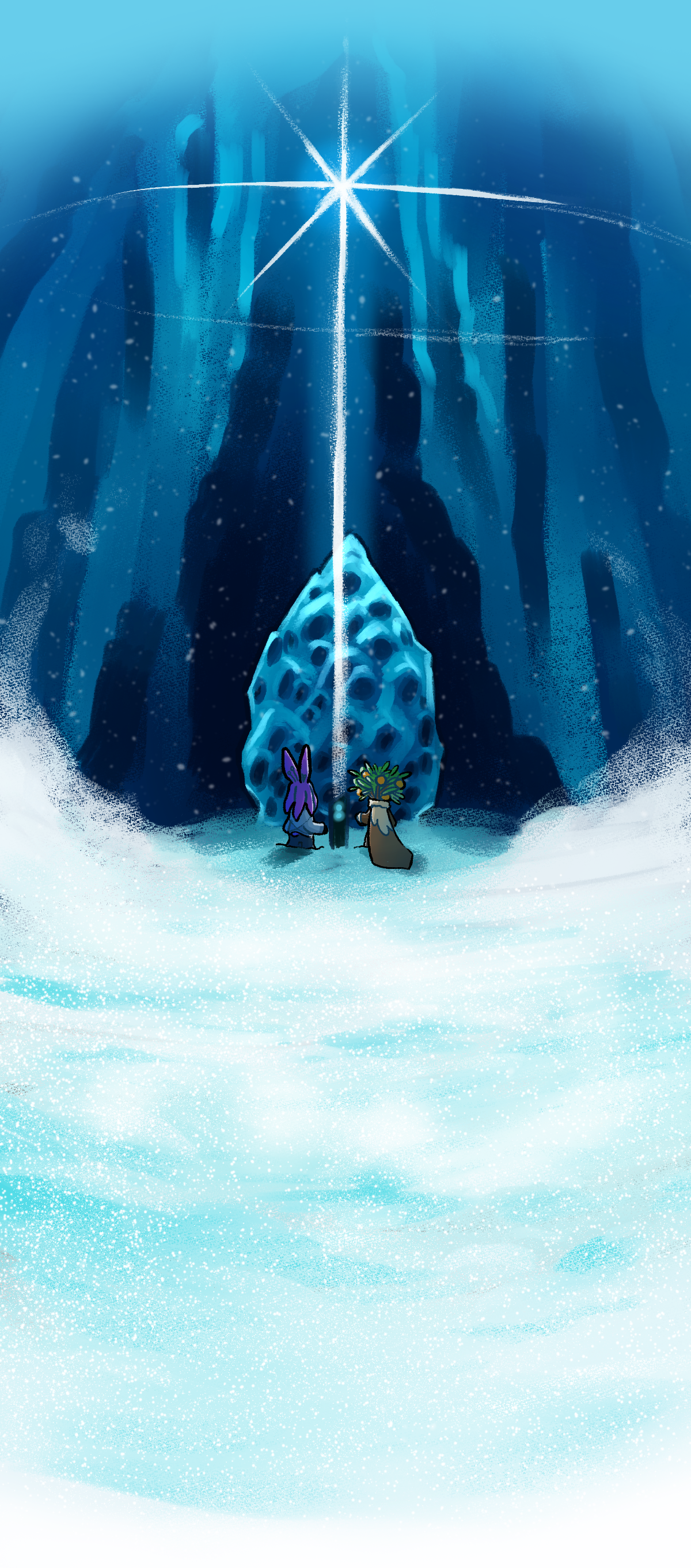 A bright light shines over the obelisk as snow is kicked up by an invisible force.
