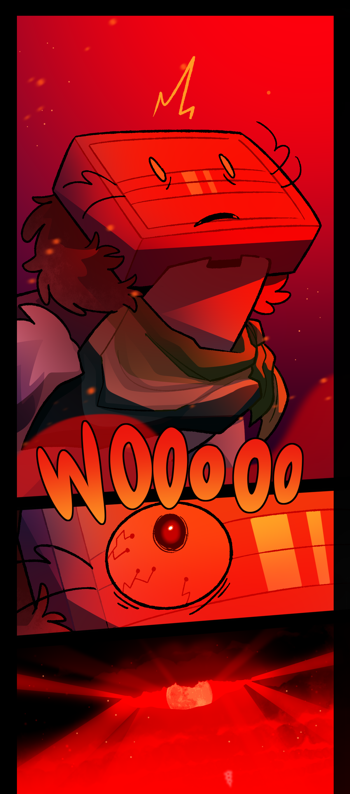 Razor opens her eyes as she is enveloped in the red glow. Text describes the sound of the wind blowing loudly. The veins in Razor's eye resemble circuits, creeping towards her pupil that reflects the red light. The storm clouds above Razor part, revealing a blood red moon. further in the distance, barely visible, is Threespines.