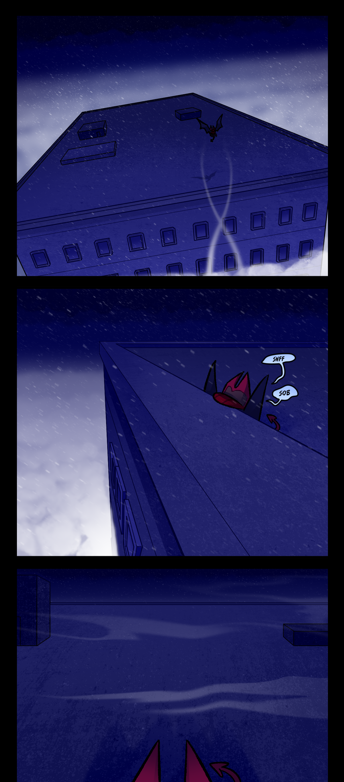 She emerges above the rooftop, the white cloud trailing off of each of her wings. Dragonscale sits against the edge of the rooftop, sniffling and sobbing while looking down at the concrete floor. In front of her, the wind blows, moving thick white fog around on the roof.