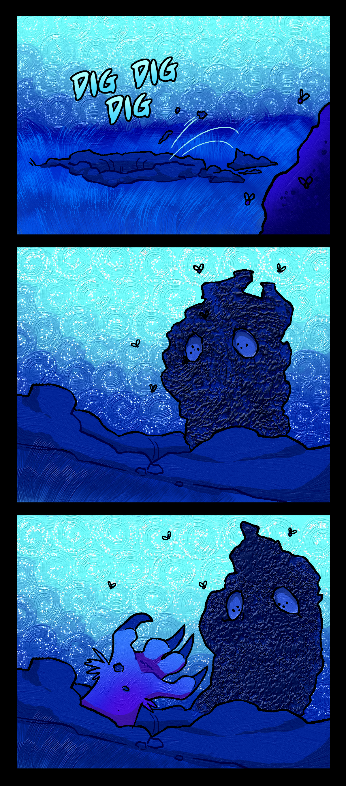 It continues digging, disappearing underground. Text repeats the word dig several more times. Comet stares down at the hole in the ground. The Nightcrawler's arm reaches out of the hole to offer its hand to Comet, who looks down towards it.