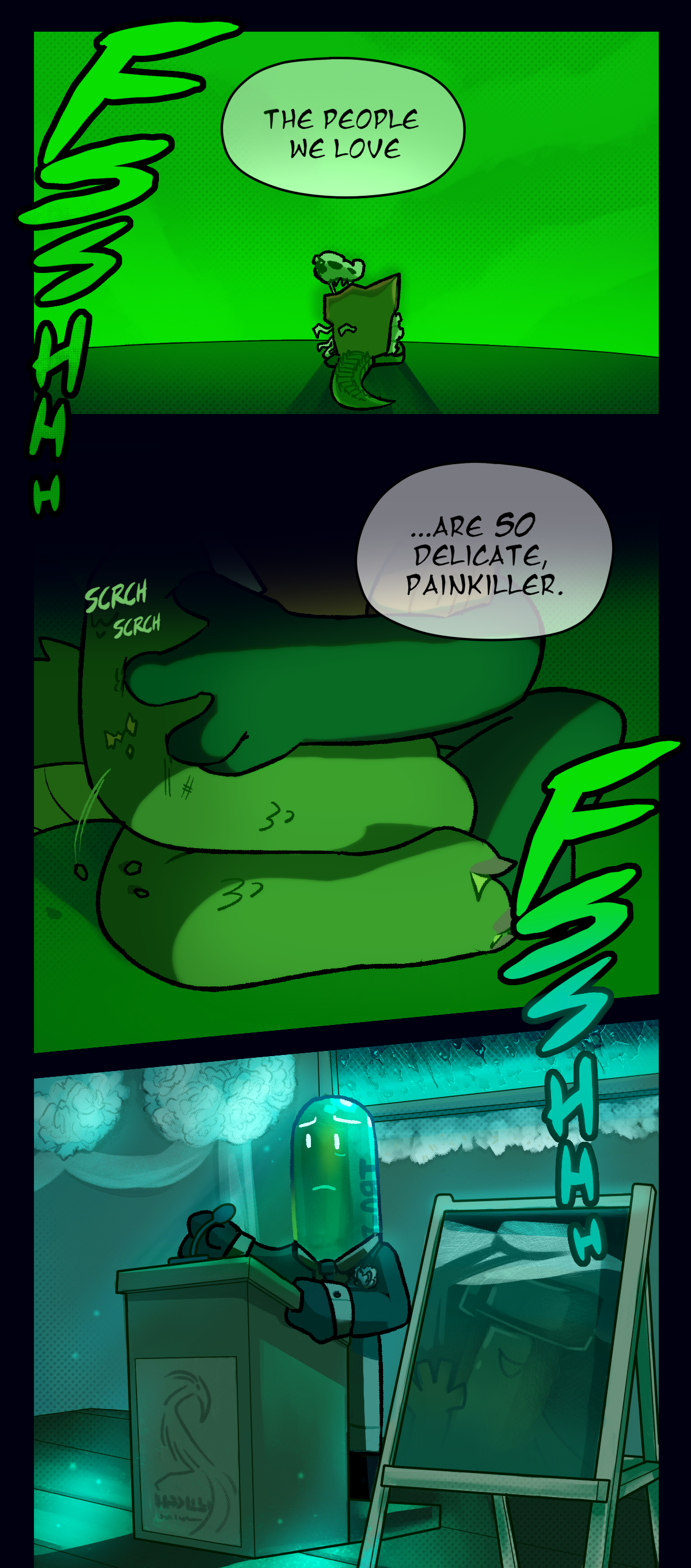 Loud rain continues. Painkiller's mom continues, saying the people we love, are so delicate painkiller. Text says scratch scratch. The sounds of rain carry over to a flashback of a funeral.