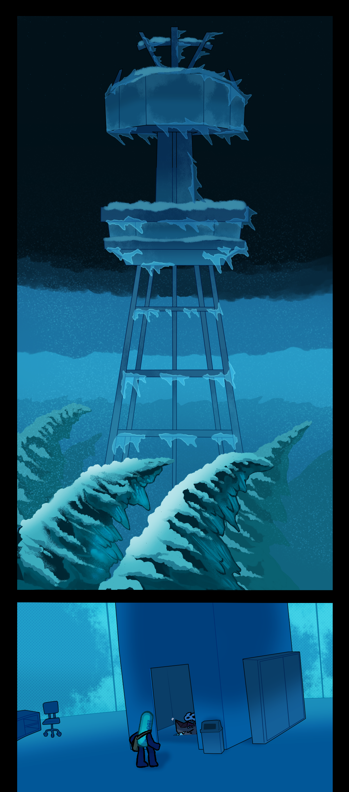 Cold wave hits High Society, freezing the egstrom. Giant icicles made from frozen egg slime hang from pine trees that lean to the side as if they were trying not to fall over. Painkiller and Fossil begin to climb down the radio tower.