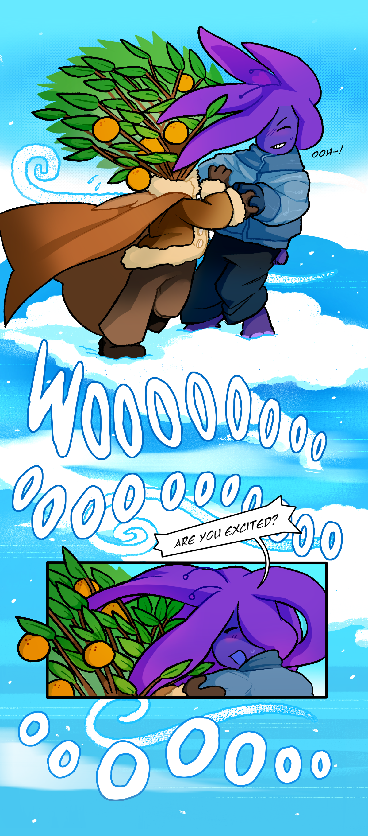 Calamondin and Harebell hold each other while the cold wind blows loudly past them. Harebell says, Ooh! Harebell shouts over the wind, Are you excited?