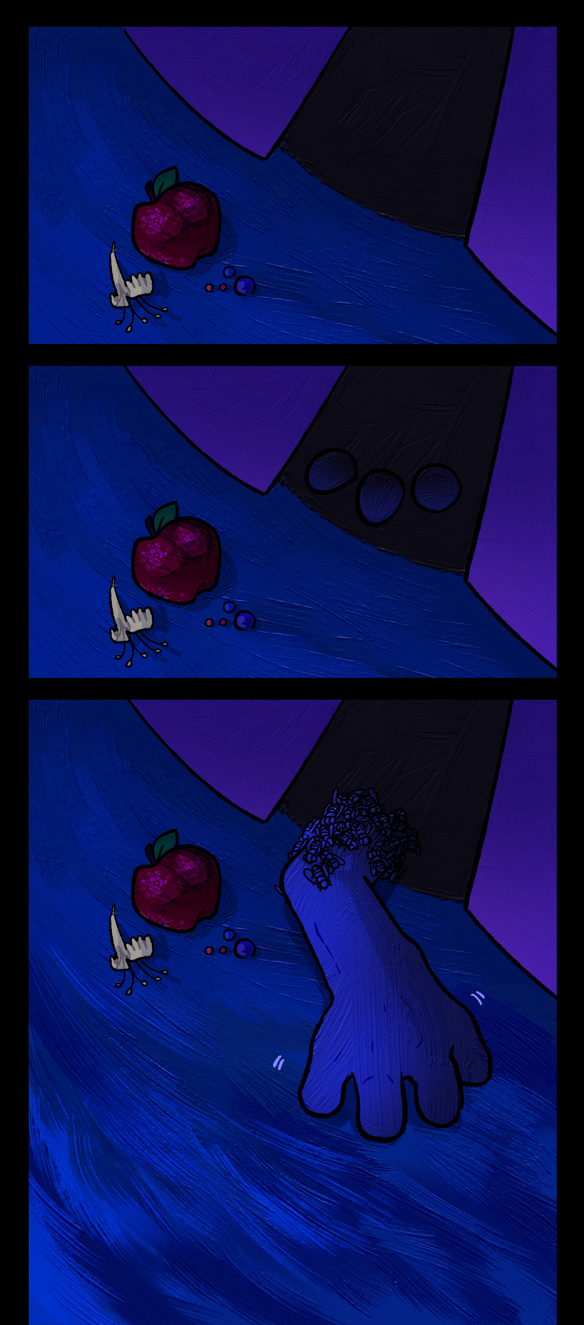The scene remains still for one panel, and in the next panel Comet's fingers begin to snake out of the opening in the tent towards the pile of food. Feeling around blindly for it in the grass, Comet extends their arm enough to reveal that their entire upper arm is covered in a thick layer of flies.