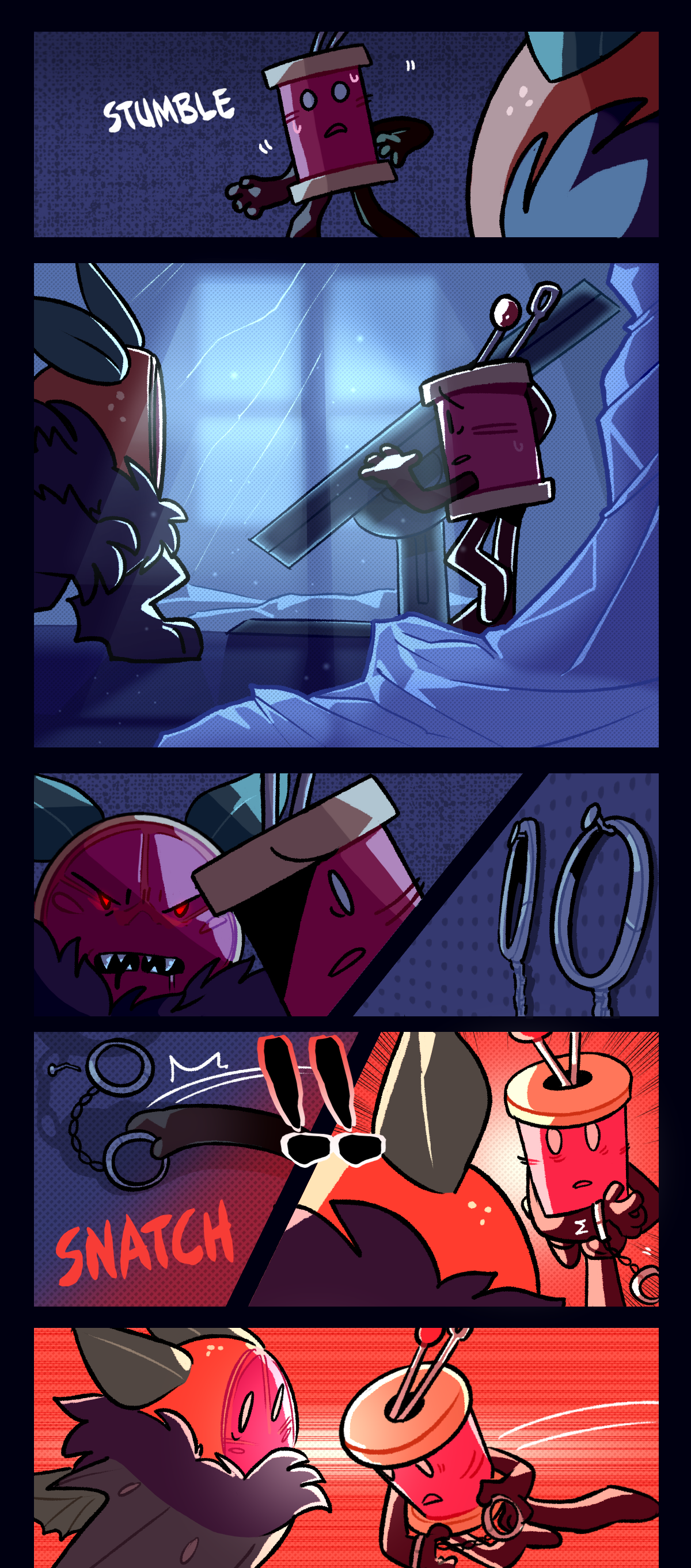 Sweating, Spool turns to look at Citrus, stumbling backwards away from him as he approaches. He continues to back up as Citrus advances, first using the table as cover before turning towards the wall as Citrus glares at him. Suddenly, he grabs a pair of handcuffs off the wall, closing one half onto his wrist and running directly at Citrus.