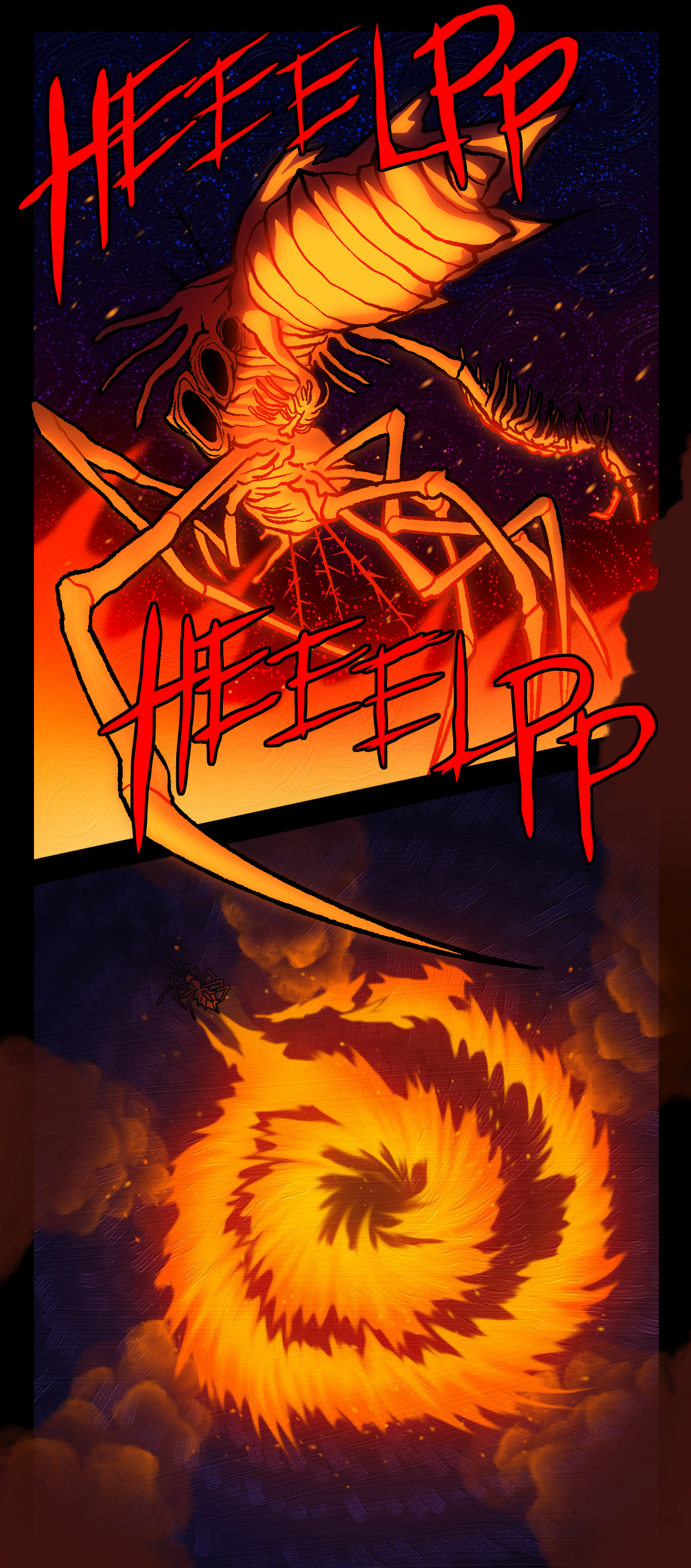 The cries for help turn into screams as the assimilated object tries to morph quickly into a shroud and flee. From a bird's eye view, the fire spreads outwards in a spiral pattern as the shroud runs off into the dark.