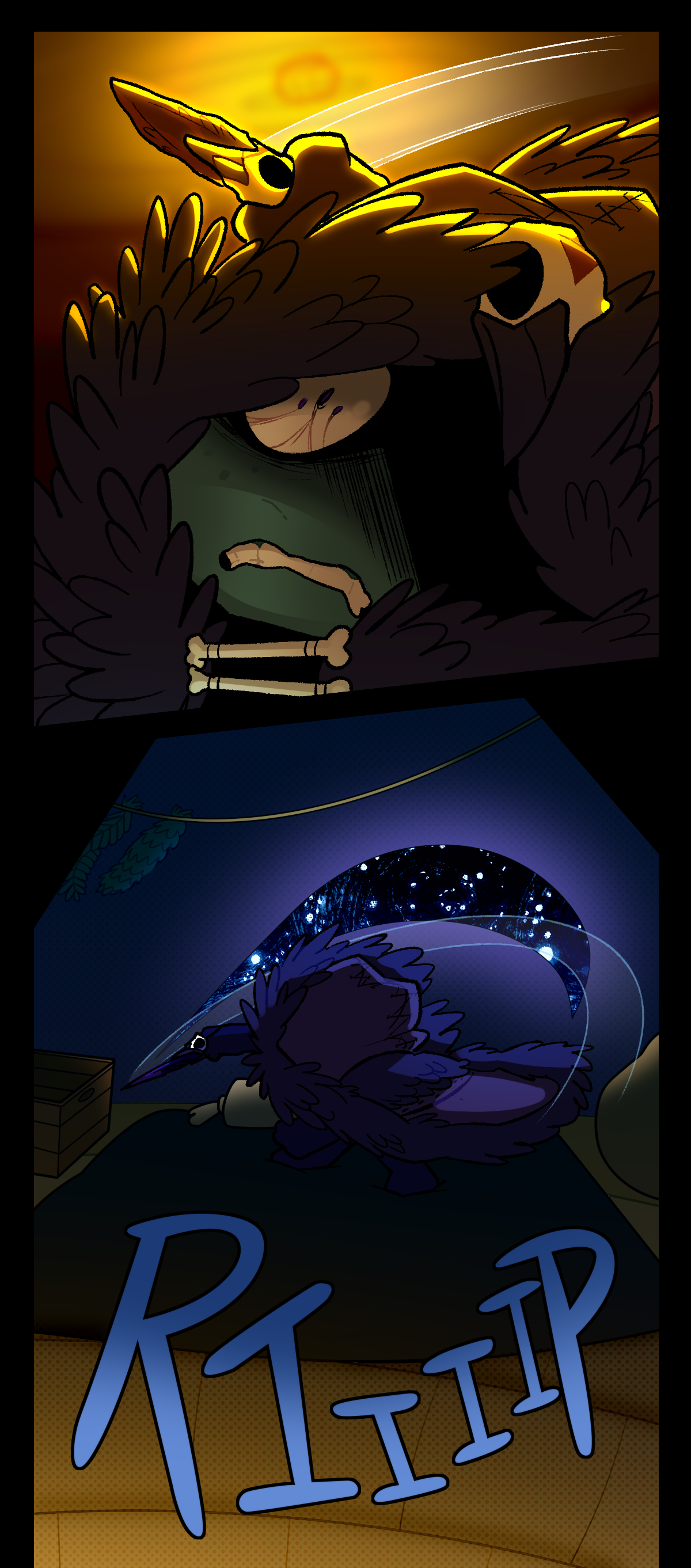 Comet whirls around, swinging her dagger. In her eye there are three pupils. The tent tears open, text says rip.