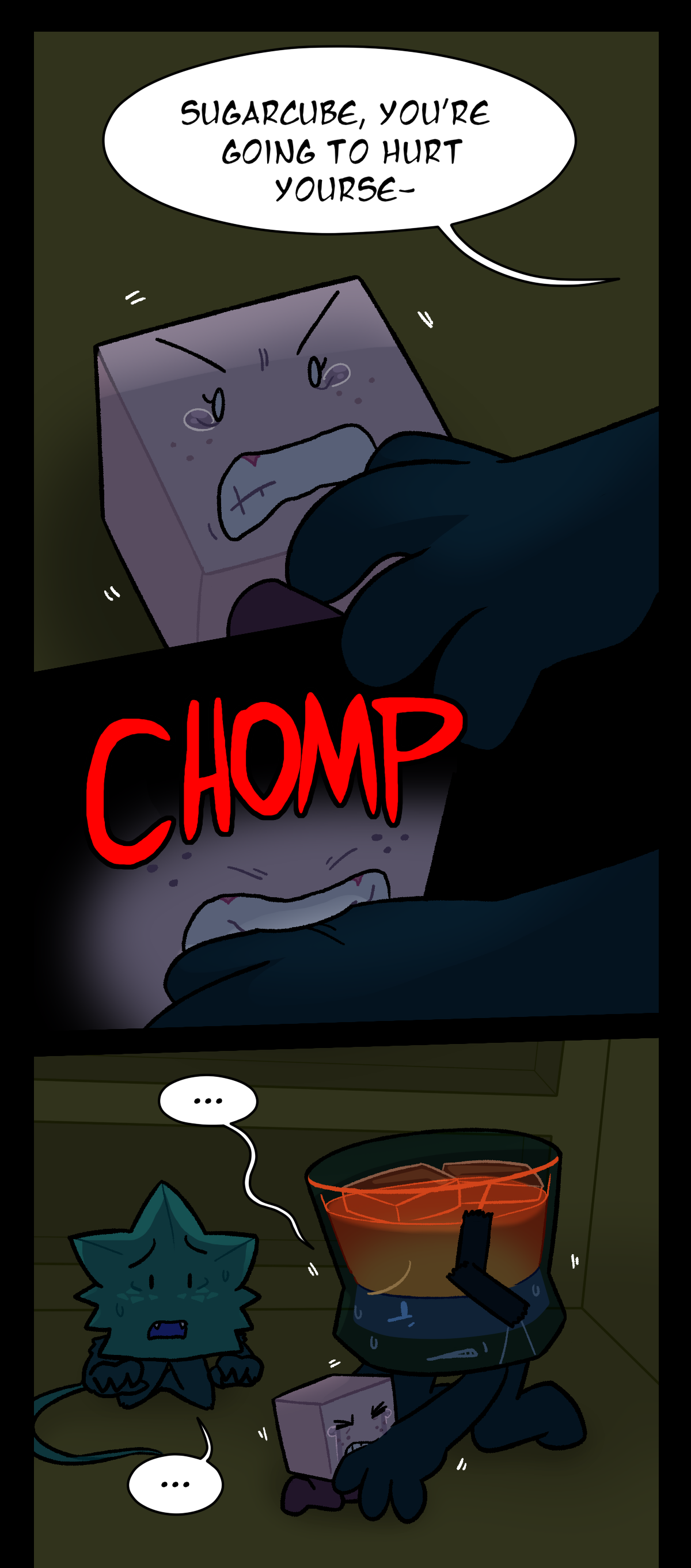 Brandy says, Sugarcube, you're going to hurt yourself, but gets cut off by her biting his hand. Text says chomp. Everyone freezes as Brandy grimaces.
