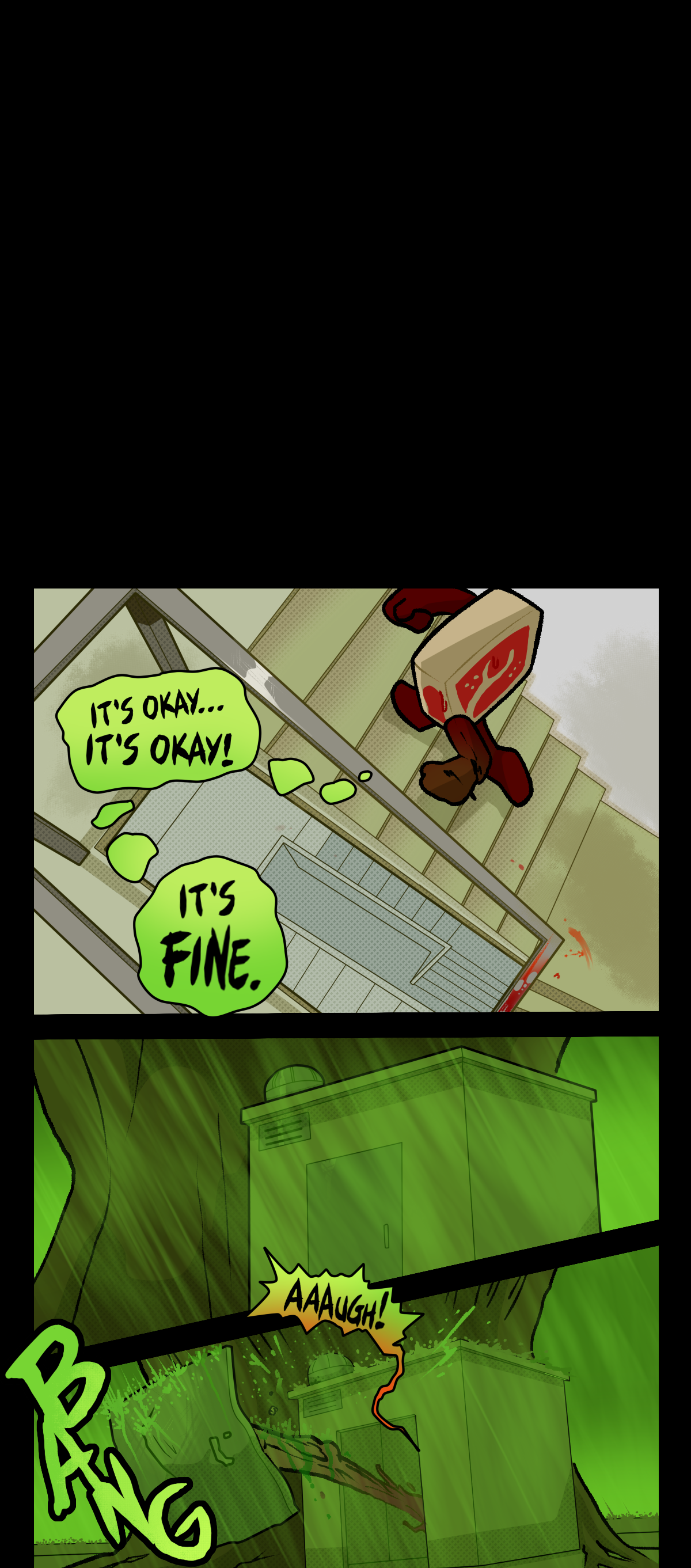 Hokkaido thinks, It's okay, It's okay! It's fine. He yells as he busts down the door, text says bang.