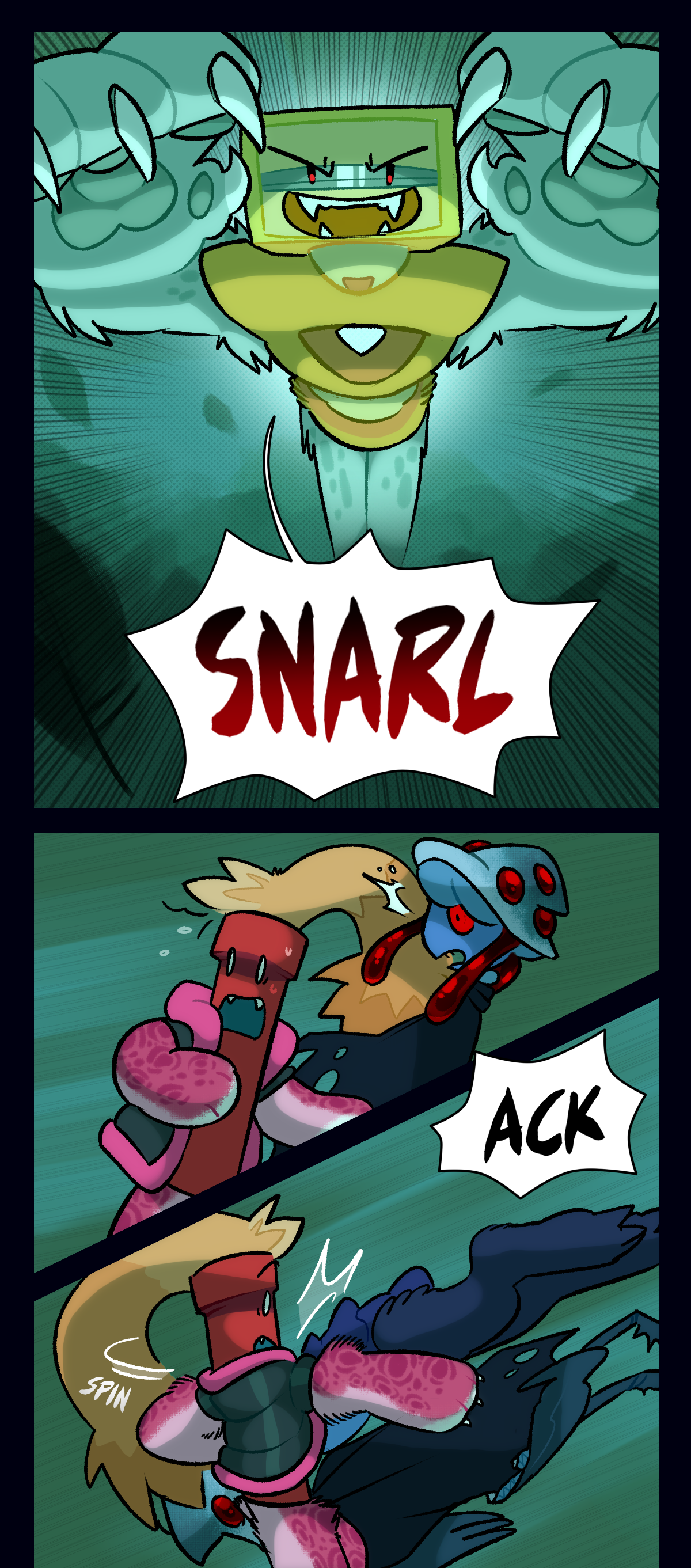 Venus jumps out from the bush and snarls at Mushroom and Dynamite. Mushroom says ack. Text says spin.