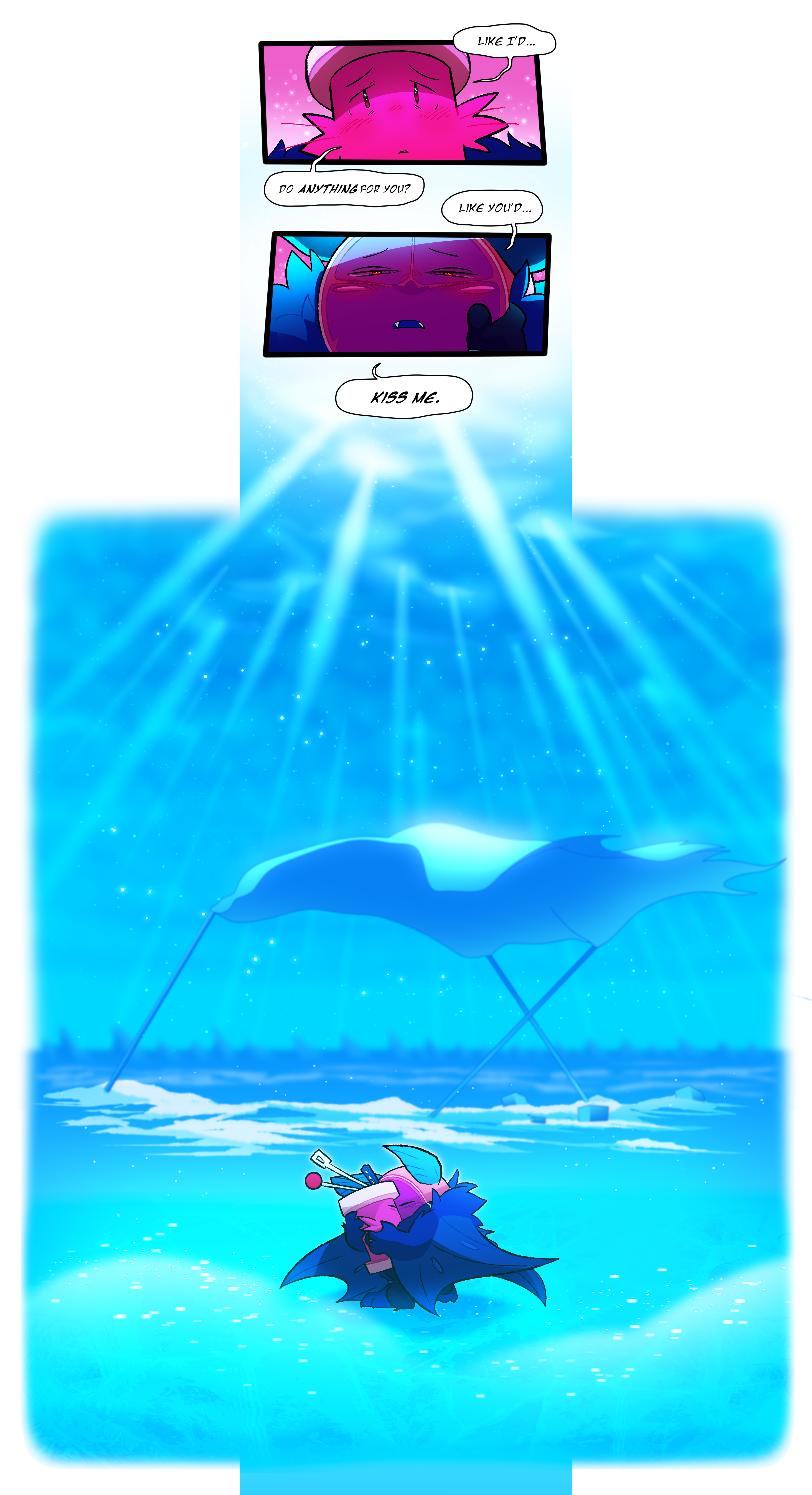 Spool asks, Like I'd, do anything for you? Citrus says, Like you'd, kiss me. Citrus and Spool kiss, embracing each other.