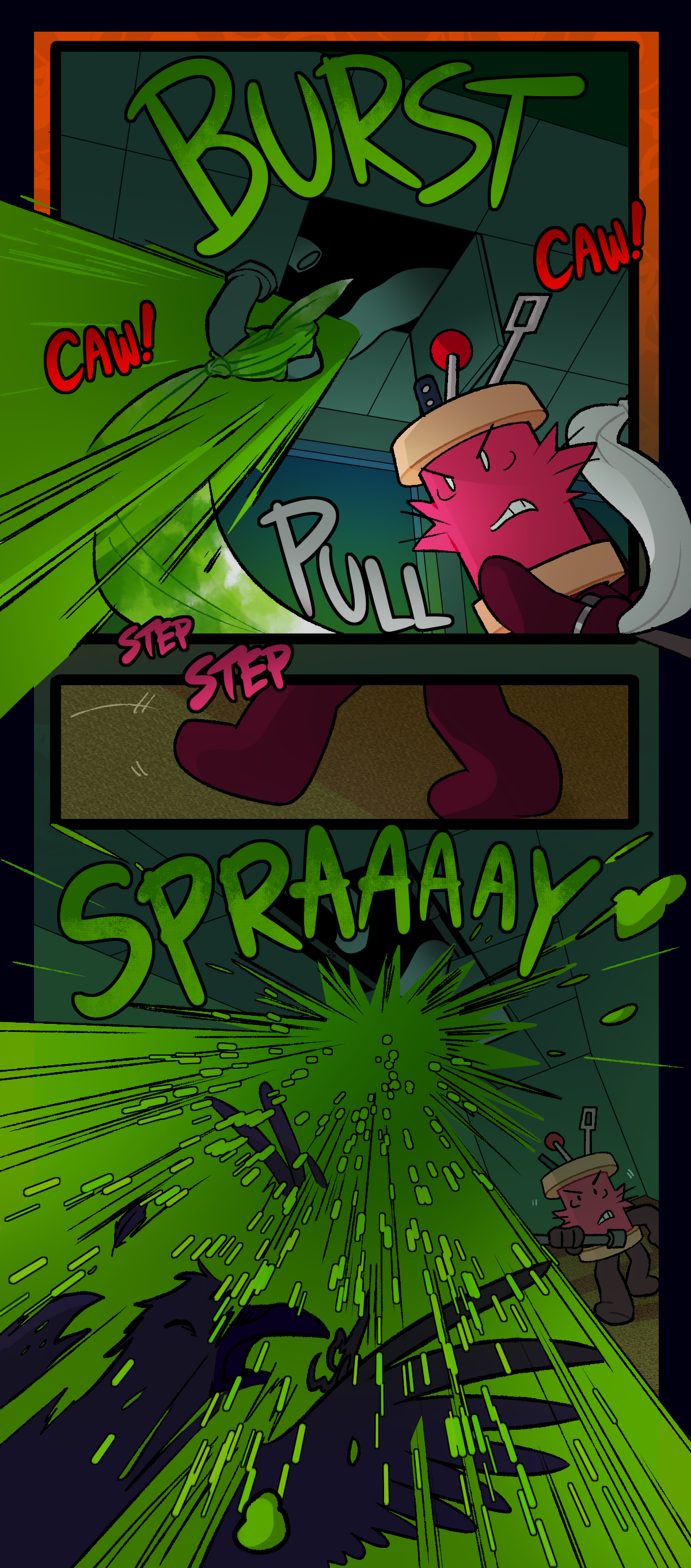 With a pull on the bedsheets, the pipe bursts open, blasting the flock of crows with a massive spray of parasite filled slime. Spool backs away as the crows are sprayed, holding their pipe weapon in front of themself defensively.