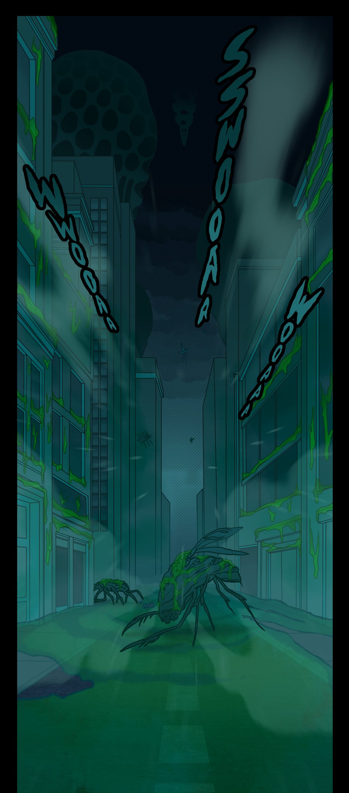 The sounds of loud, cold wind echo through the city as the temperature drops. Everything is covered in egg slime and there are assimilated objects everywhere.
