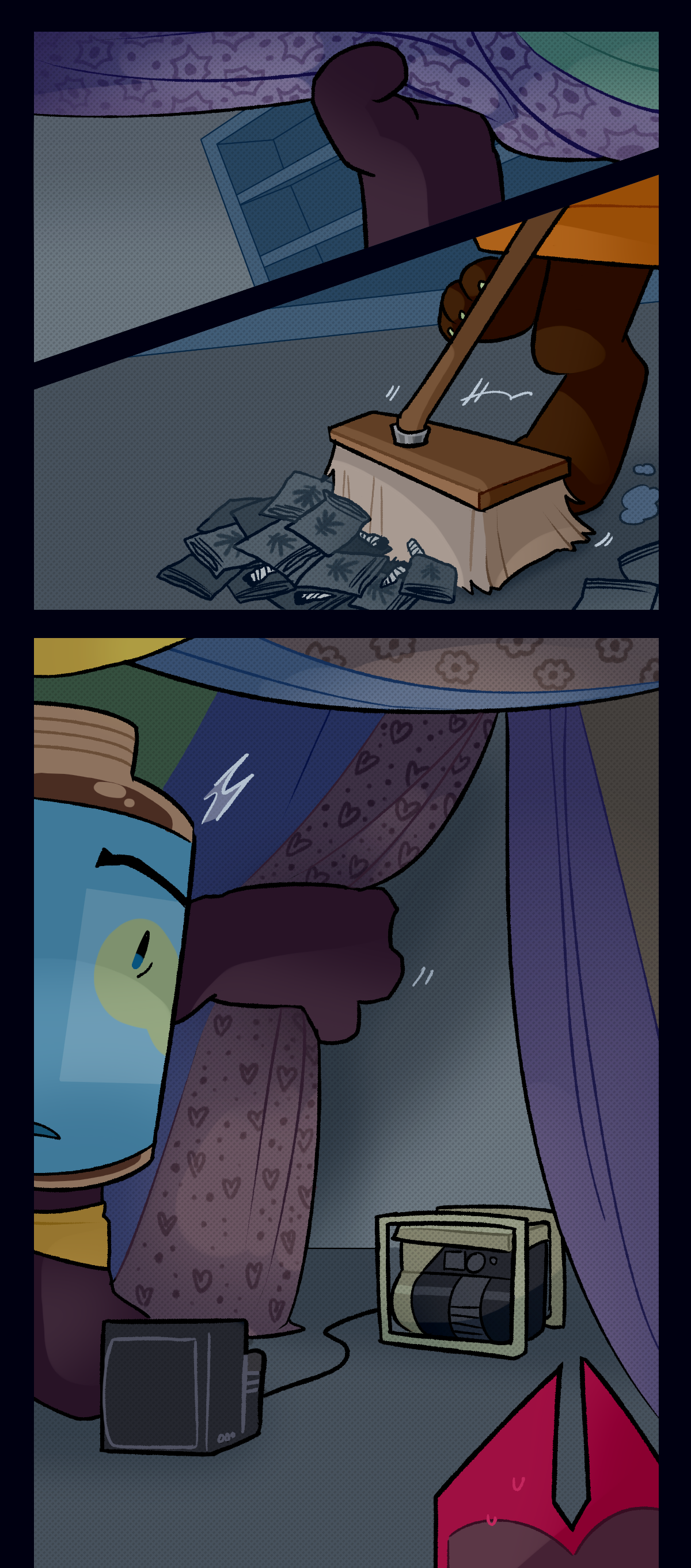 Peanut butter and cone help dragonscale clean and find a working generator behind her gaming setup.