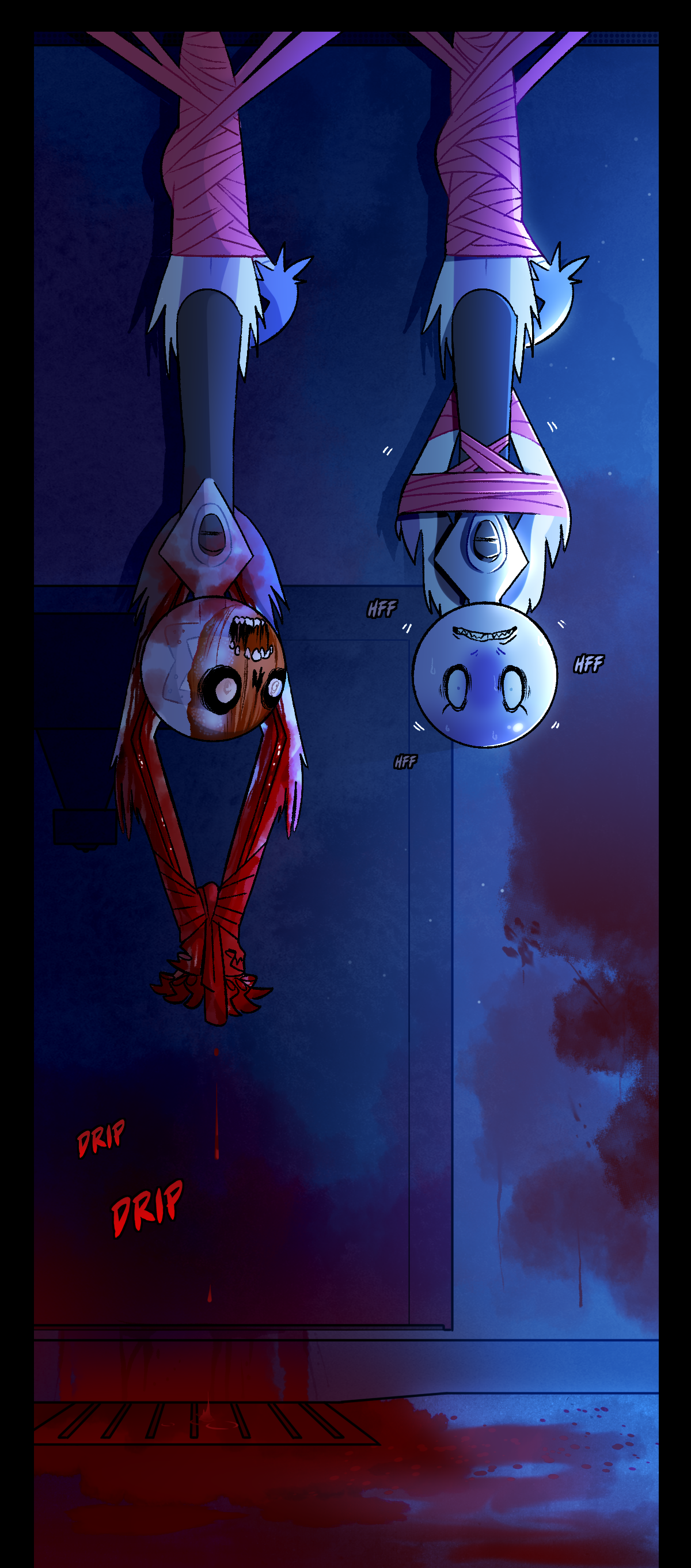 Wanda begins hyperventilating and trembling as she grits her teeth. Now in color from the reader's point of view, it is more clear that Wanda's corpse had its blood drained by slitting her arms open over the respawn terminal drain. Text says drip, drip.