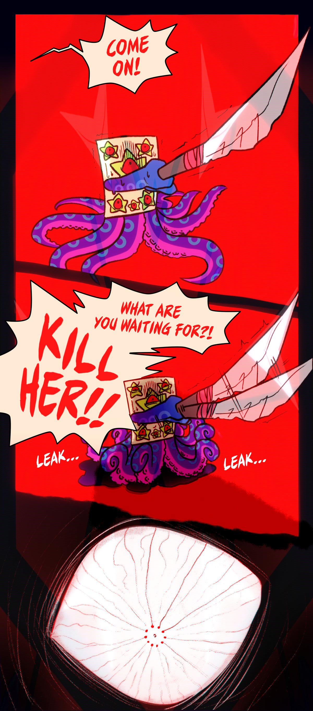 Lava Lamp shouts, come on! What are you waiting for? Kill her! Text says leak as Sticker Sheet inks himself. Razor's eyes focus in on Sticker Sheet.