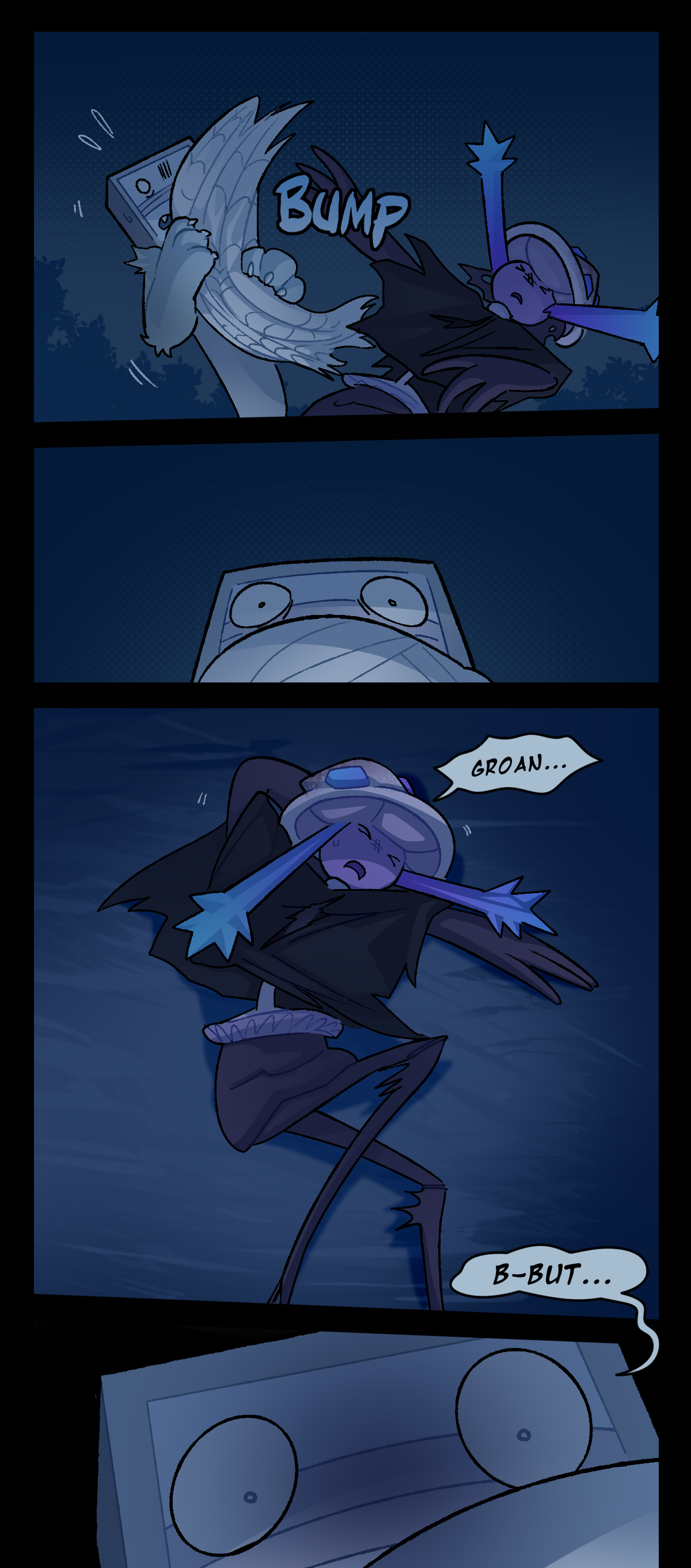 Mushroom runs into Bic. Text says bump. Bic stares down in disbelief towards Mushroom, who lays sprawled on the ground. Mushroom groans. Bic stutters while saying, But.