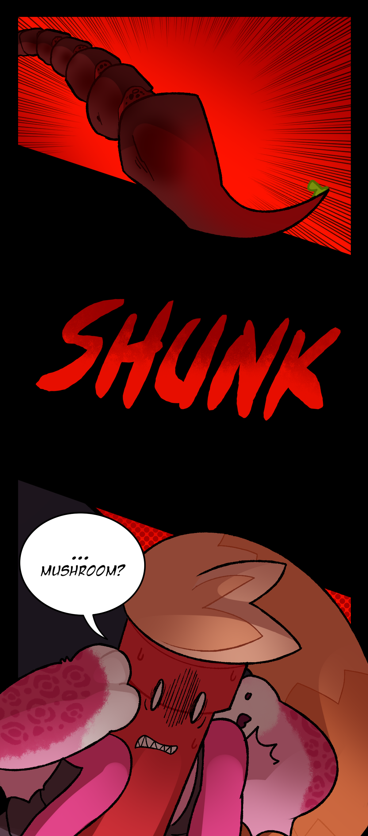 Text says shunk. Dynamite asks, Mushroom?