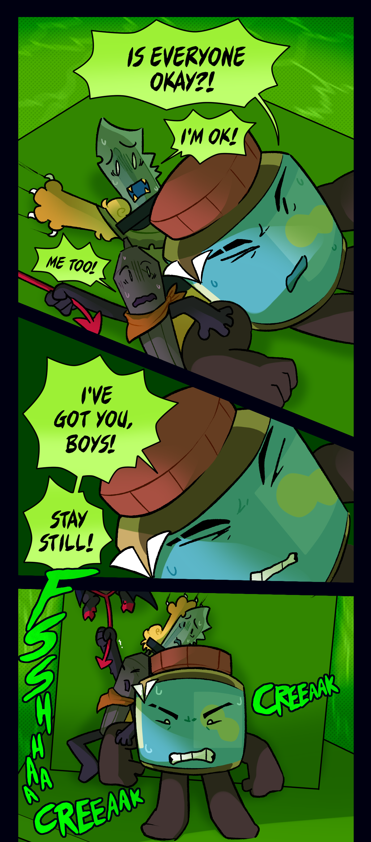 Peanut butter shouts, is everyone okay? Dagger says, I'm okay! Stylus says, me too! Peanutbutter says, I've got you, boys! Stay still! Text describes egstrom sound and creaking. Peanutbutter tries to keep the shelves from moving.