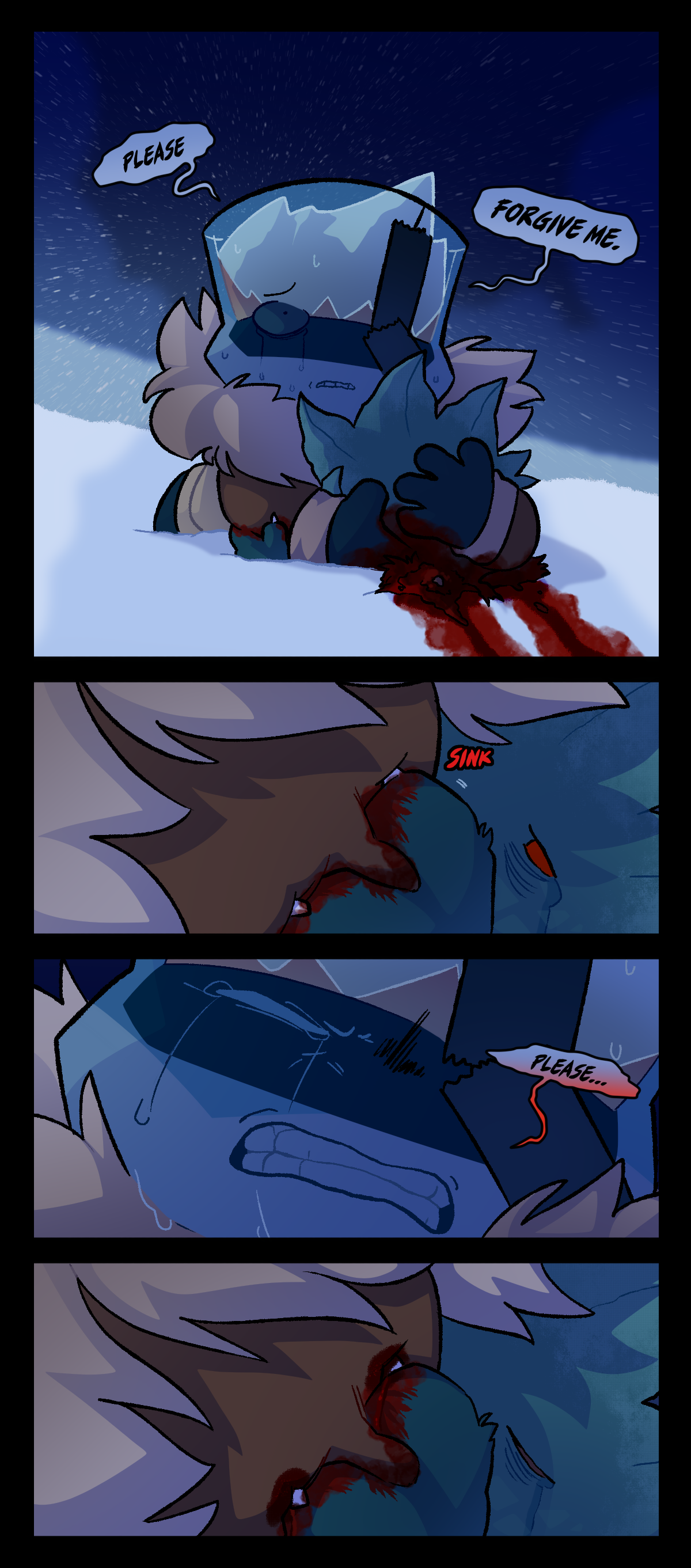Brandy wraps his arms around Minty, pulling him close. Brandy says, Please. Forgive me. He stares up at the sky. Minty sinks his claws into Brandy's arm. Text says sink. Brandy grimaces, crying. He says, Please. Blood wells around Minty's claws as he says nothing. The color leaves his eyes as he dies.