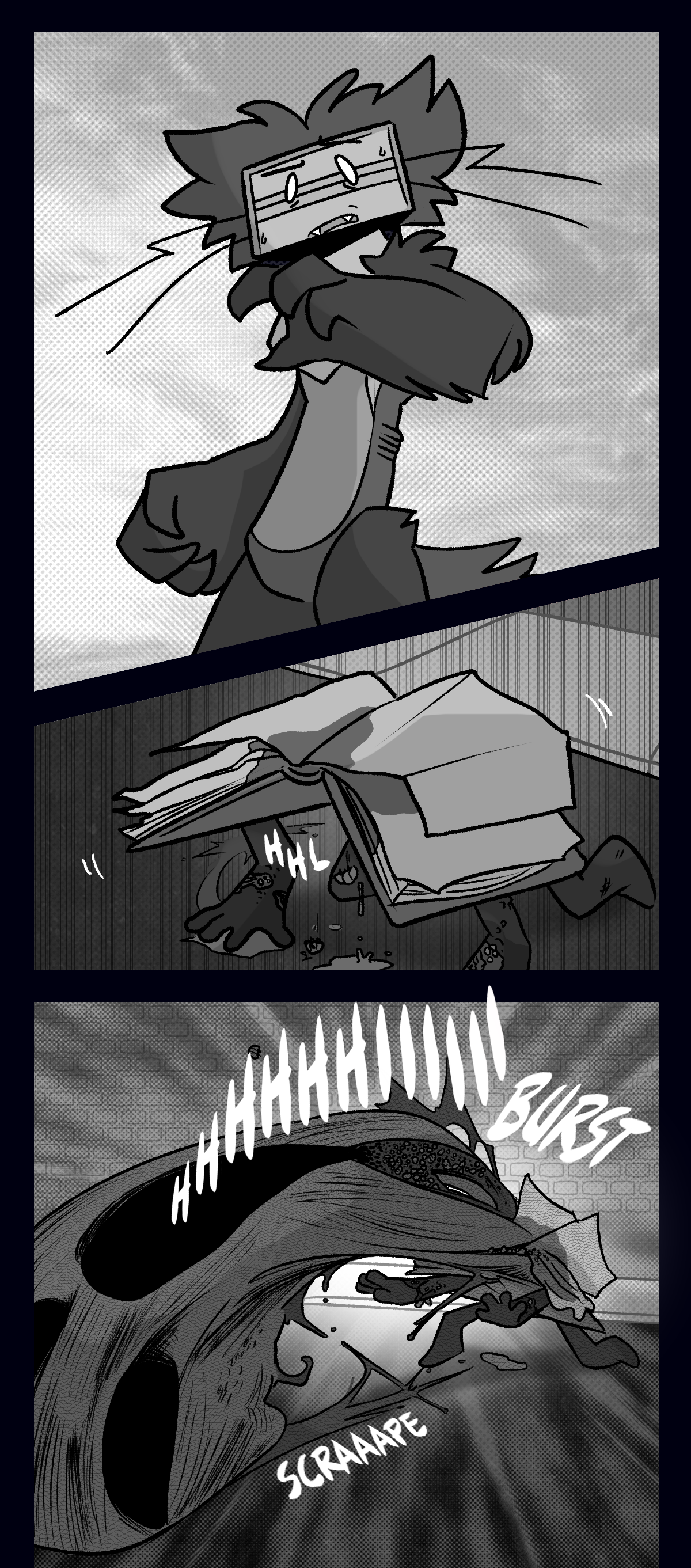 Then, they begin to get up. Razor recoils, raising an eyebrow in confusion as the object coughs out grubs and fluid. Suddenly, the object's pages burst open into a stretched, howling face, the top of its new head scraping against the pavement of the street as its legs stand up.