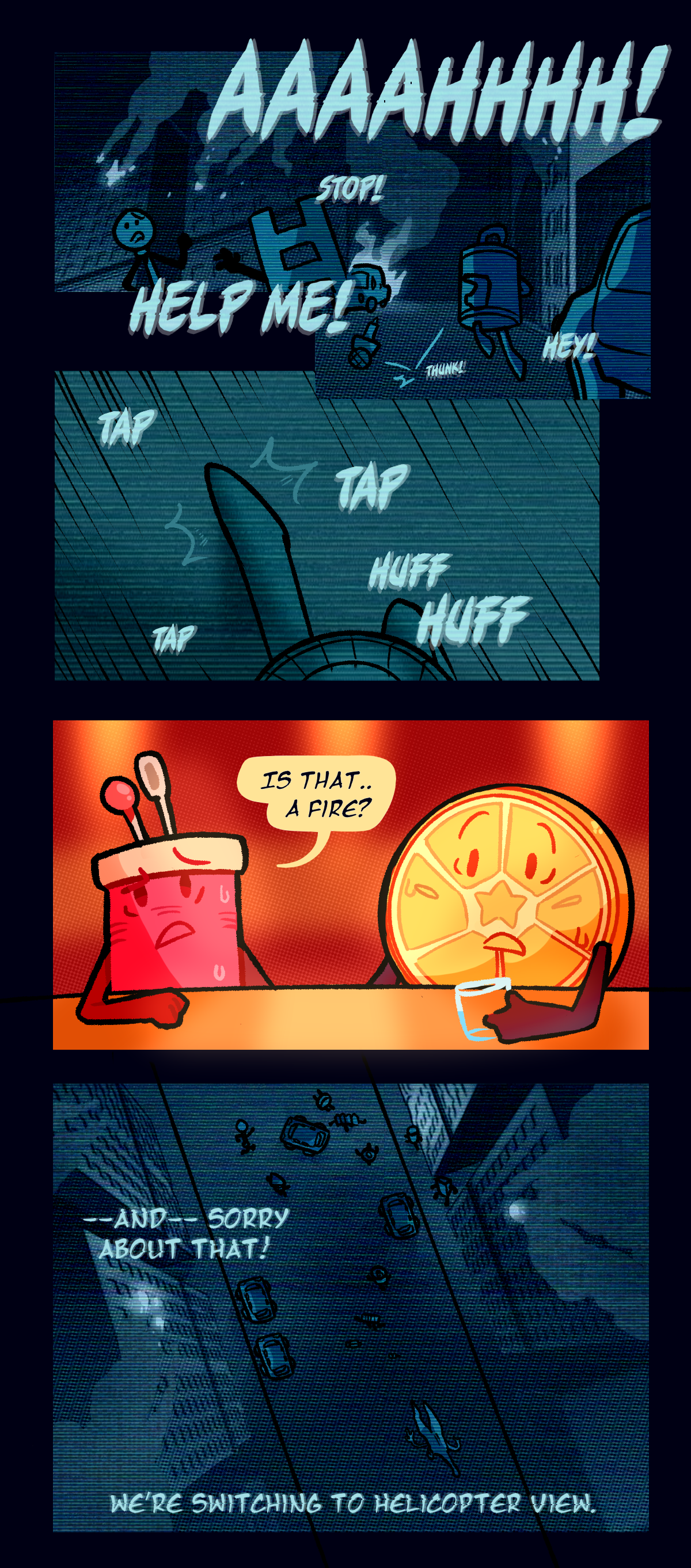People are screaming things like ah, stop, hey, and help me. The reporter drops his microphone and the cameraman lets the camera point at his feet while he runs and breathes heavily. The text repeats the words tap and huff. Spool asks, is that a fire? A different news reporter takes over and says, and sorry about that! We're switching to helicopter view.