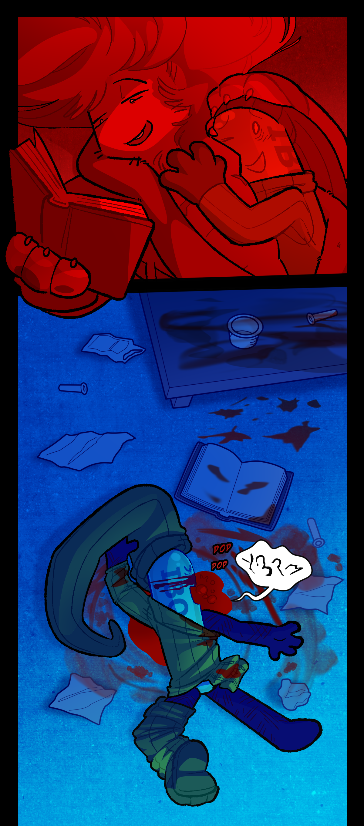 Painkiller stares lovingly at Carrot while laying on top of him. In the next panel, Painkiller is mumbling something incomprehensible on the floor, drooling in a puddle of their own blood. It bubbles, making a pop pop sound. Blood is smeared all over the floor, manual, table, and used vials are scattered all over the floor.