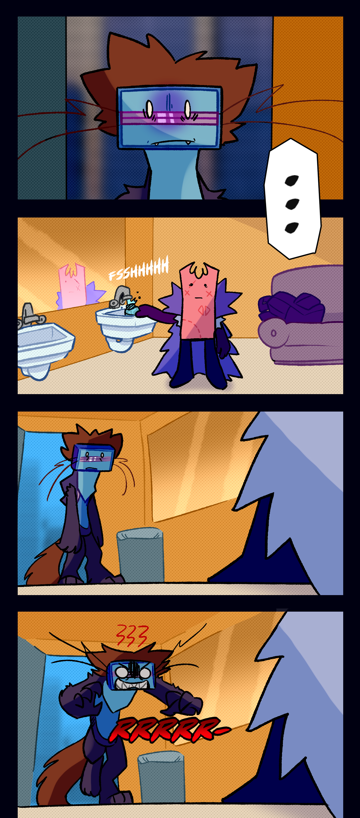 The door creaks open, and Gum is there, refilling her water bottle in the sink. Her backpack is sitting behind her, on the couch. Razor, having had enough, hunches and starts to growl as she approaches her.