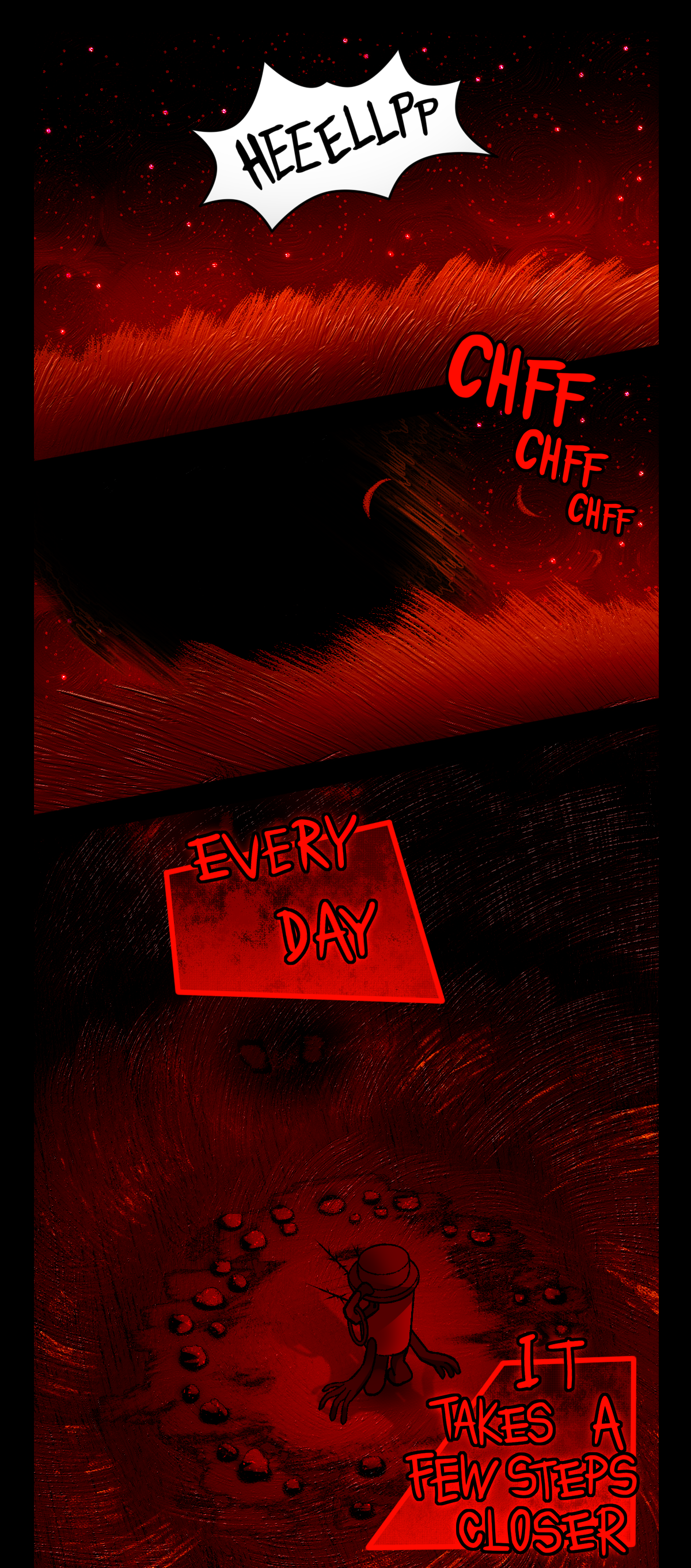 Something shouts for help. The sky and grass in Outskirts are a deep red, with stars swirling in the night sky. Text describes the sound of footsteps crunching in the dry grass as something runs towards the cries. Comet narrates in text boxes, Every day, It takes a few steps closer. The assimilated object stands in the center of a small clearing, where the imprints of their two feet are stamped into the ground a small distance away to indicate they've been standing in the same spot every day, gradually closer. They are surrounded by small stones with flecks of red on them, placed in a circle around the clearing.