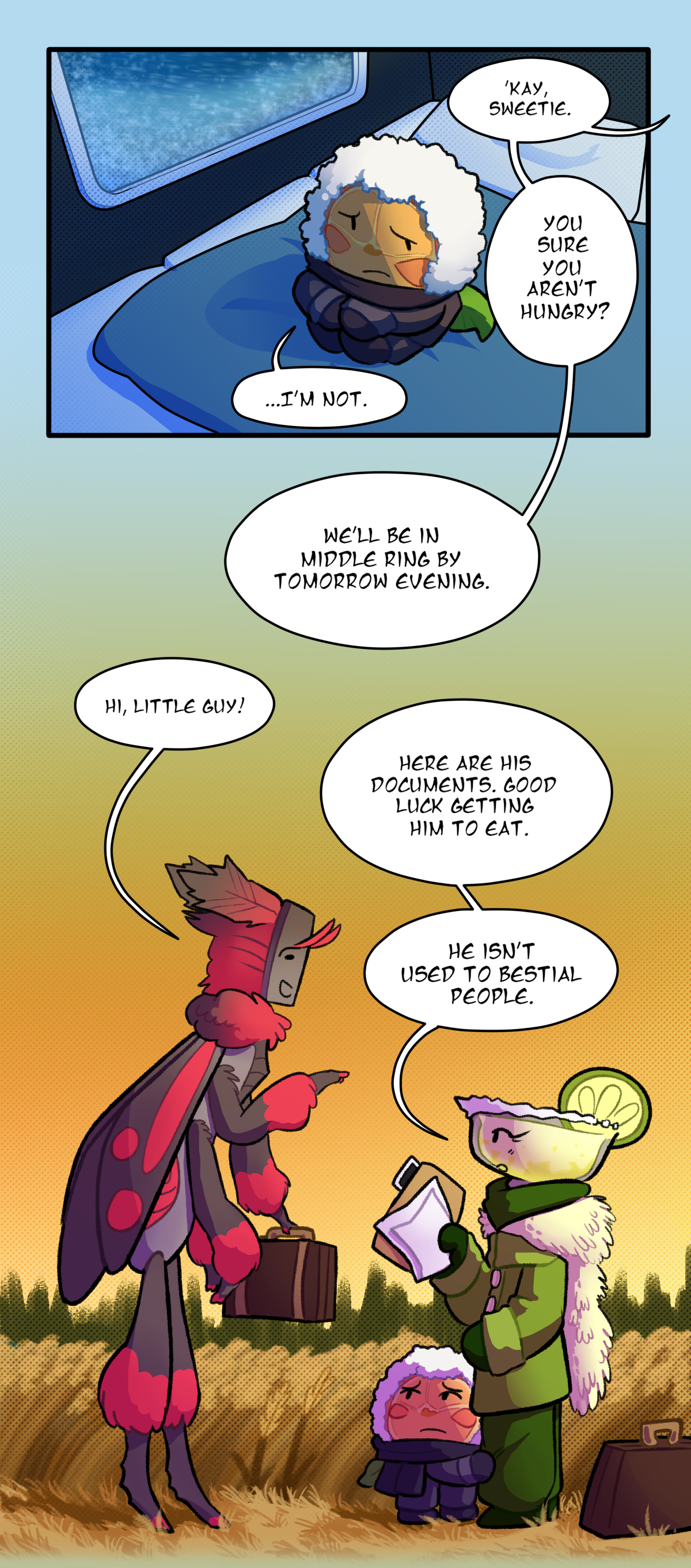 Someone out of frame says to Citrus, Okay sweetie. You sure you aren't hungry? Citrus says, I'm not. The person says, We'll be in Middle Ring by tomorrow evening. Later, in Middle Ring, the sun sets while someone hands off Citrus to an orphanage worker. Toothbrush greets him, saying Hi, little guy! Margarita says, Here are his documents. Good luck getting him to eat. He isn't used to bestial people. 