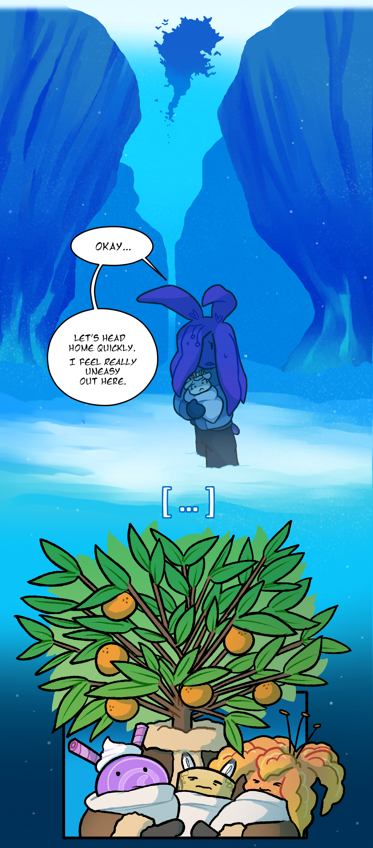 A large flock of crows flies overhead towards the couple. Harebell, not noticing this says, Okay. Let's head home quickly. I feel really uneasy out here. Calamondin stares forwards.