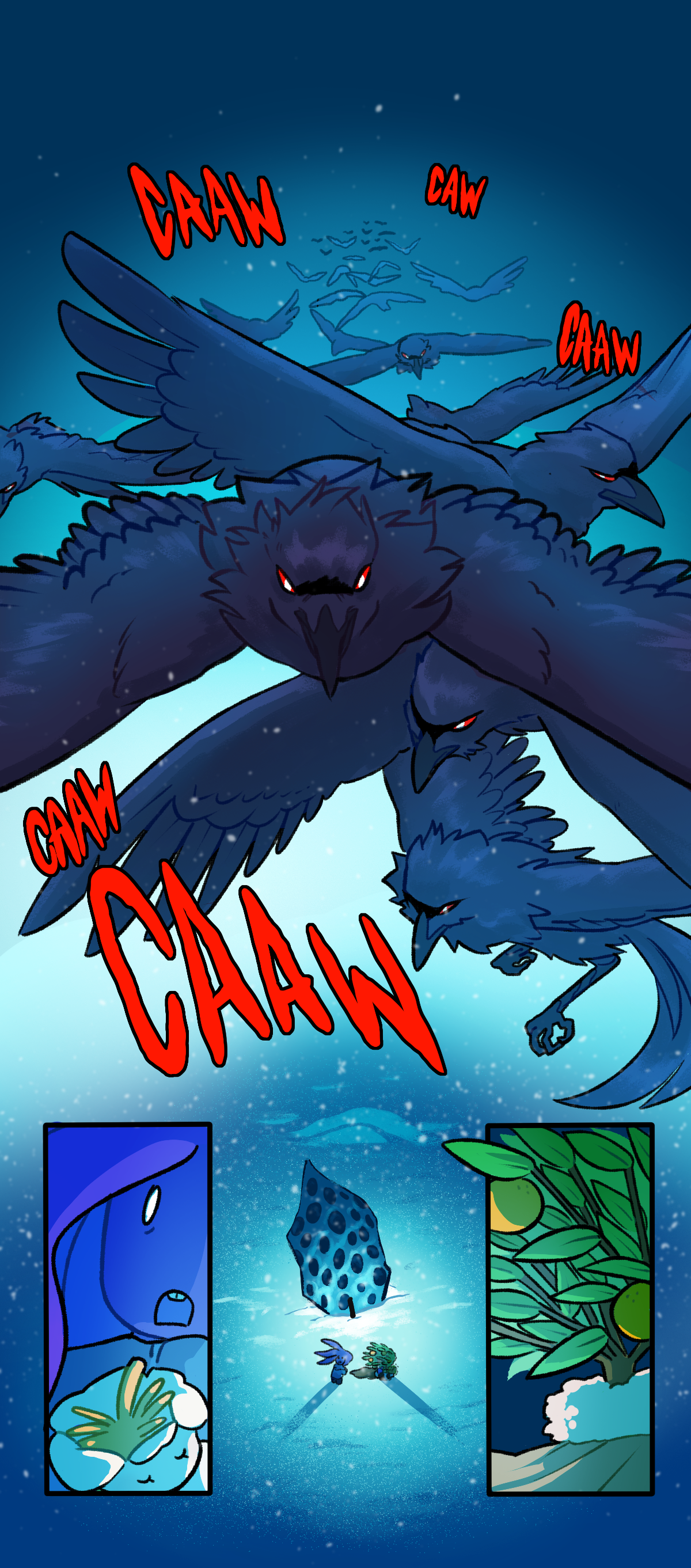 The murder caws loudly, Their red eyes shining. Harebell finally notices, turning around.