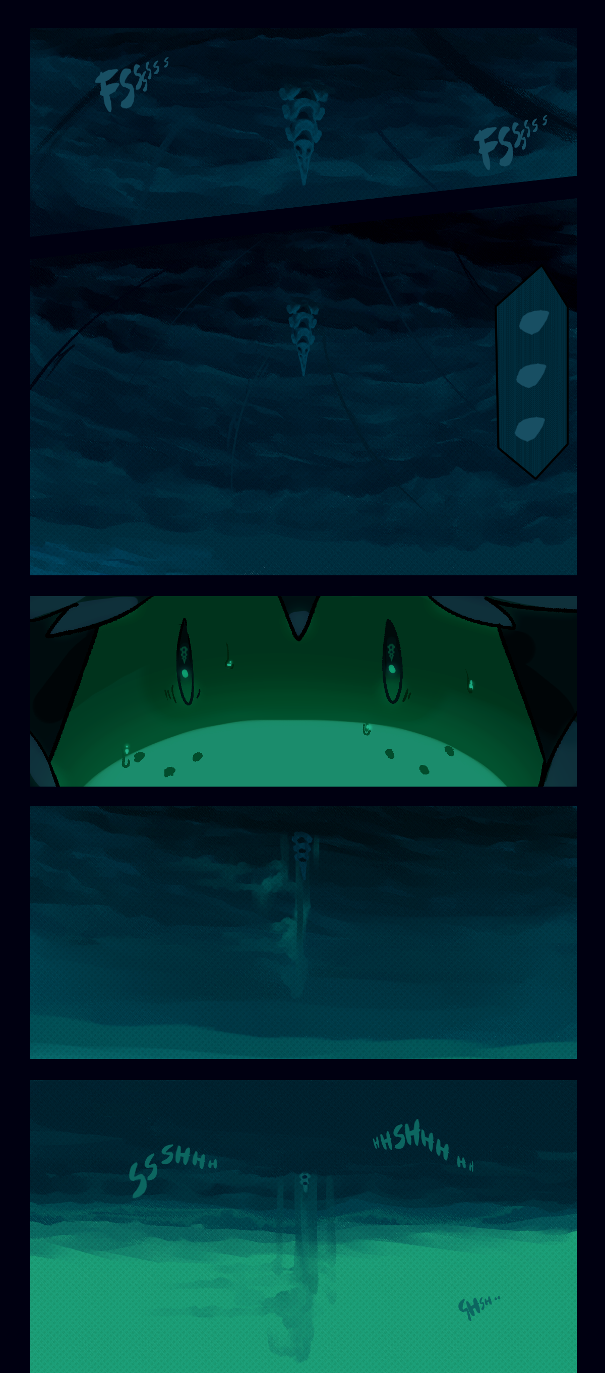 three spines sucks up the egg mists while comet stares. Three spines begins to reject the egg mists as they pour downwards. Text describes the sounds of rain starting