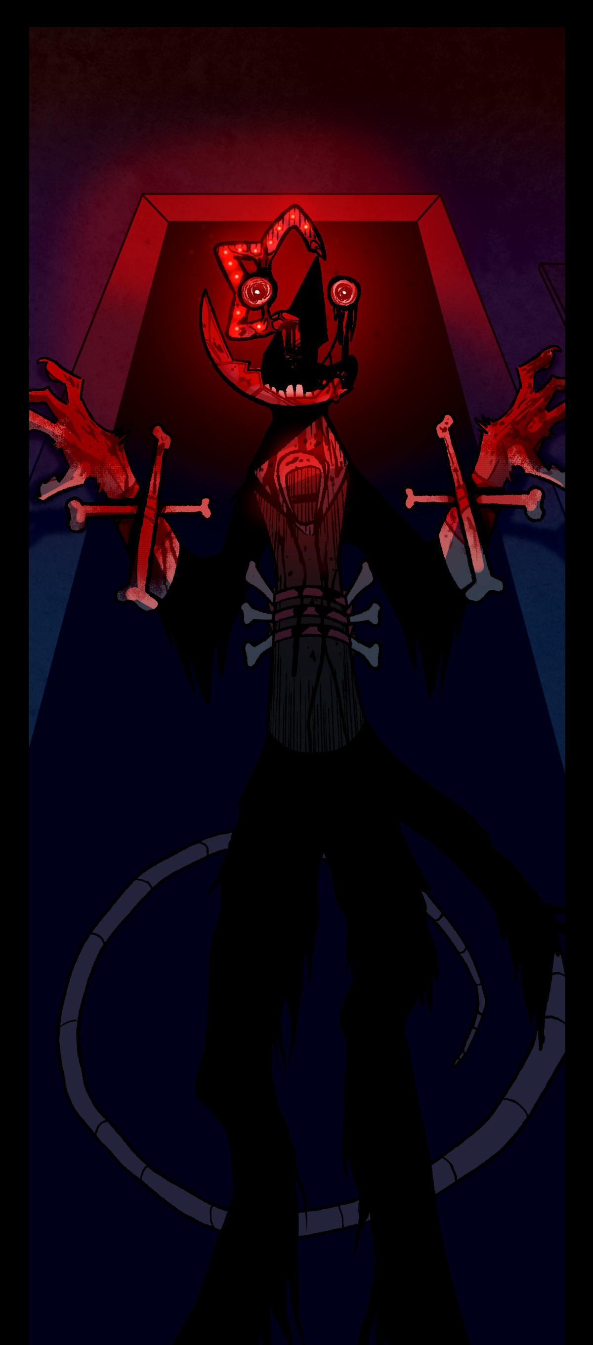 Wanda's mutilated figure stands in the doorway of the terminal room. Her lights glow an intense red color that illuminates the features of her face, or what's left of it. She is covered in her own blood, and some of her body doesn't make sense.