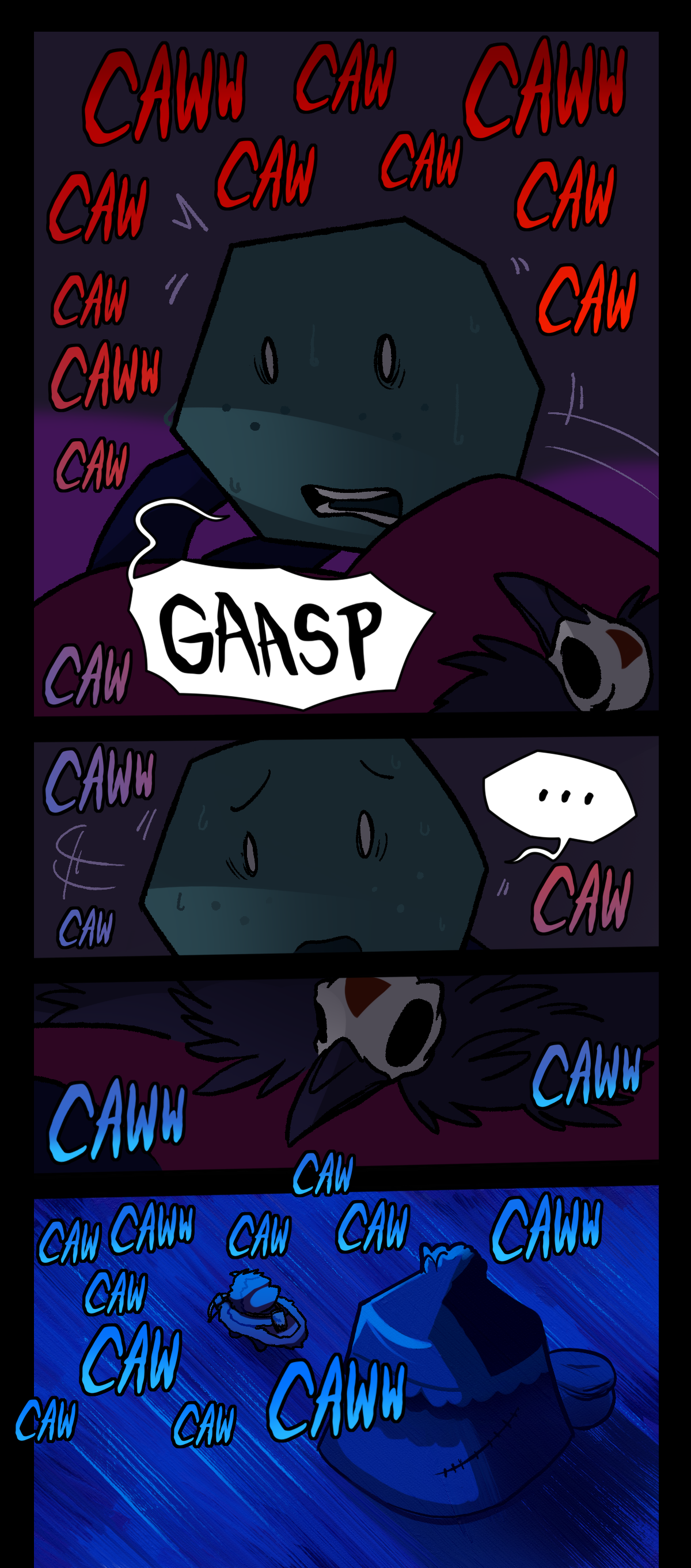 She awakens in a cold sweat with a gasp, the sounds of crow calls surrounding her tent as she looks in fear and confusion towards the crow skull on her new cloak. Putting it on, they leave their tent and chase after the sound, running across the fields towards the city.