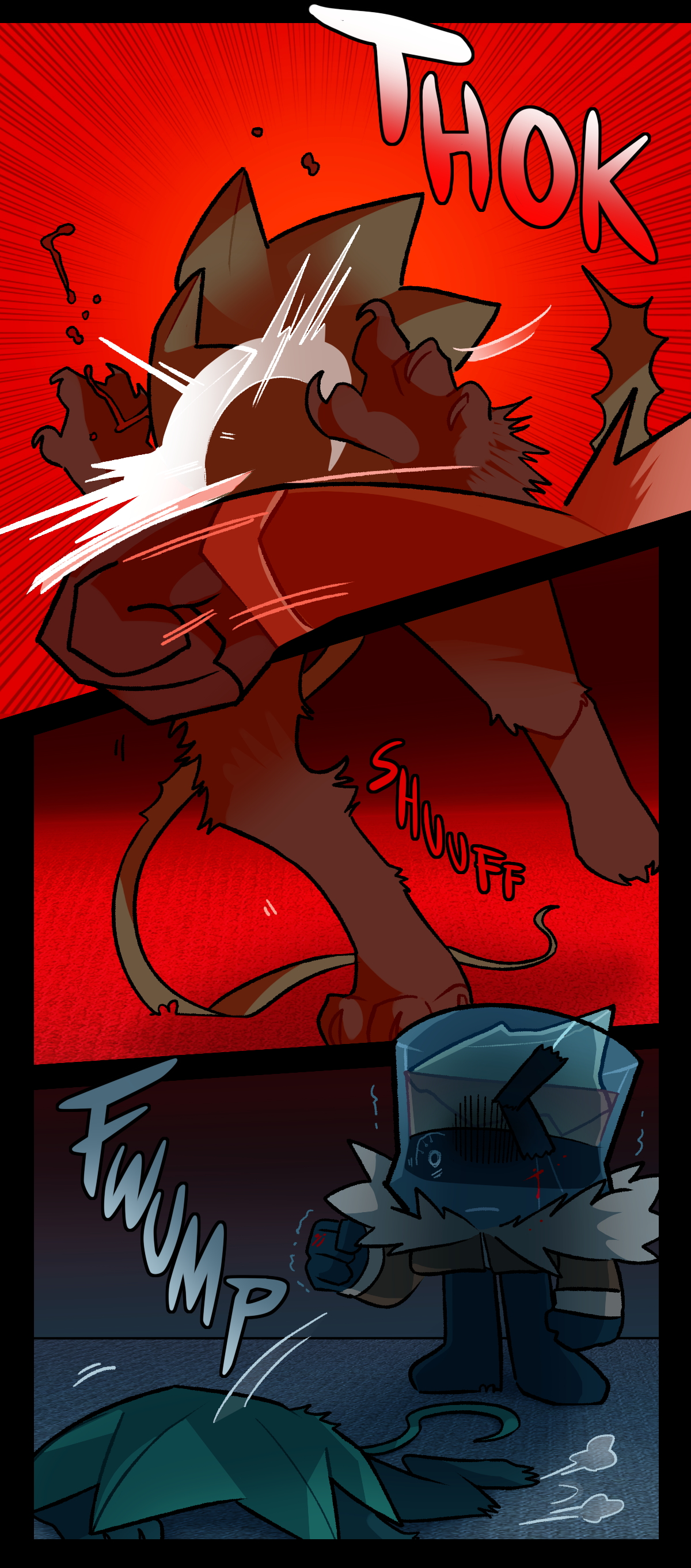 Text describes the sound of Brandy's fist slamming into Minty's face. Blood and spit flies from Minty's mouth. Minty rotates on his heel on the carpeted floor, creating the sound of friction. He then falls over with a fwump, as Brandy looms over him with a balled and shaking fist. Some of Minty's blood is present on Brandy's knuckles and face, running down the fracture on his glass. Brandy's pupil is constricted and the veins in his eye look strange, but familiar.