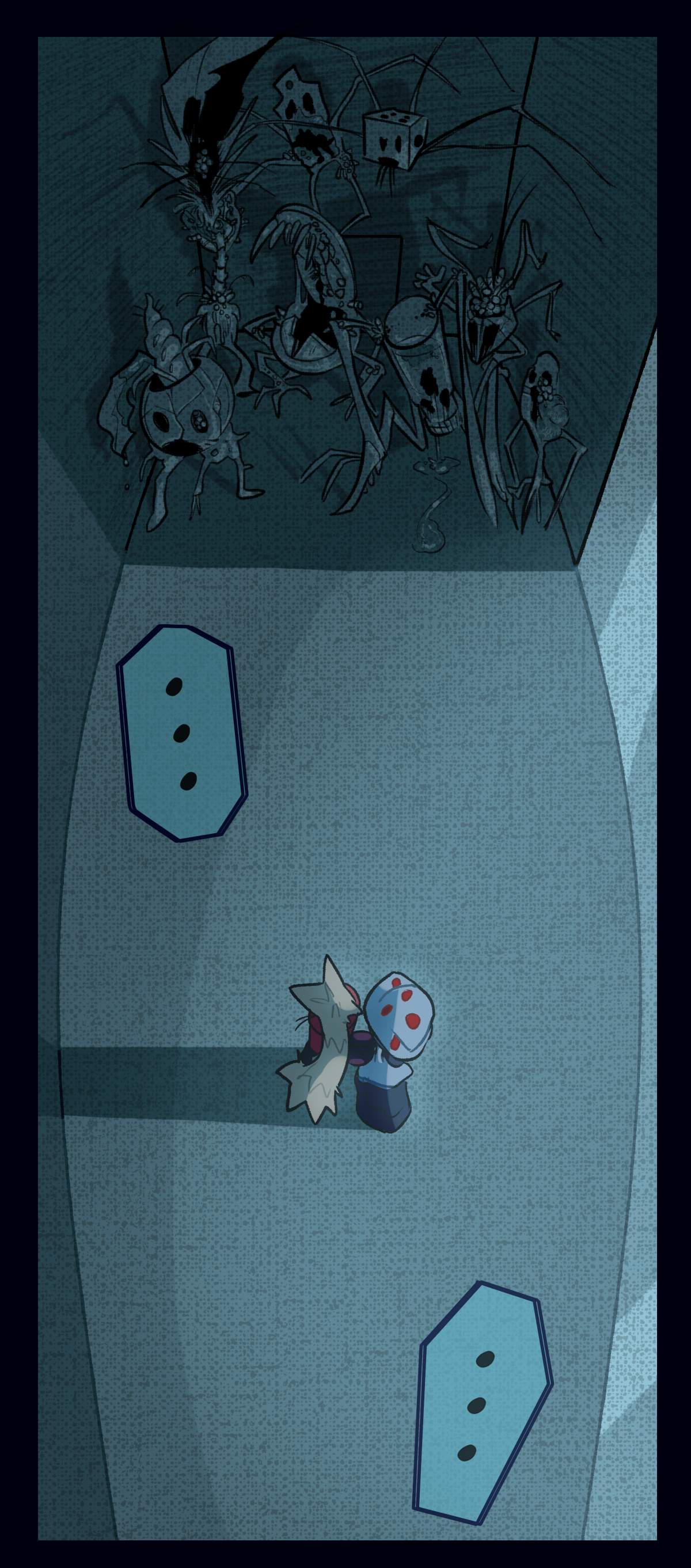 There are mutant objects crowding the end of the hallway staring at Dynamite and Mushroom while they stare back. Mushroom's shadow covers Dynamite.