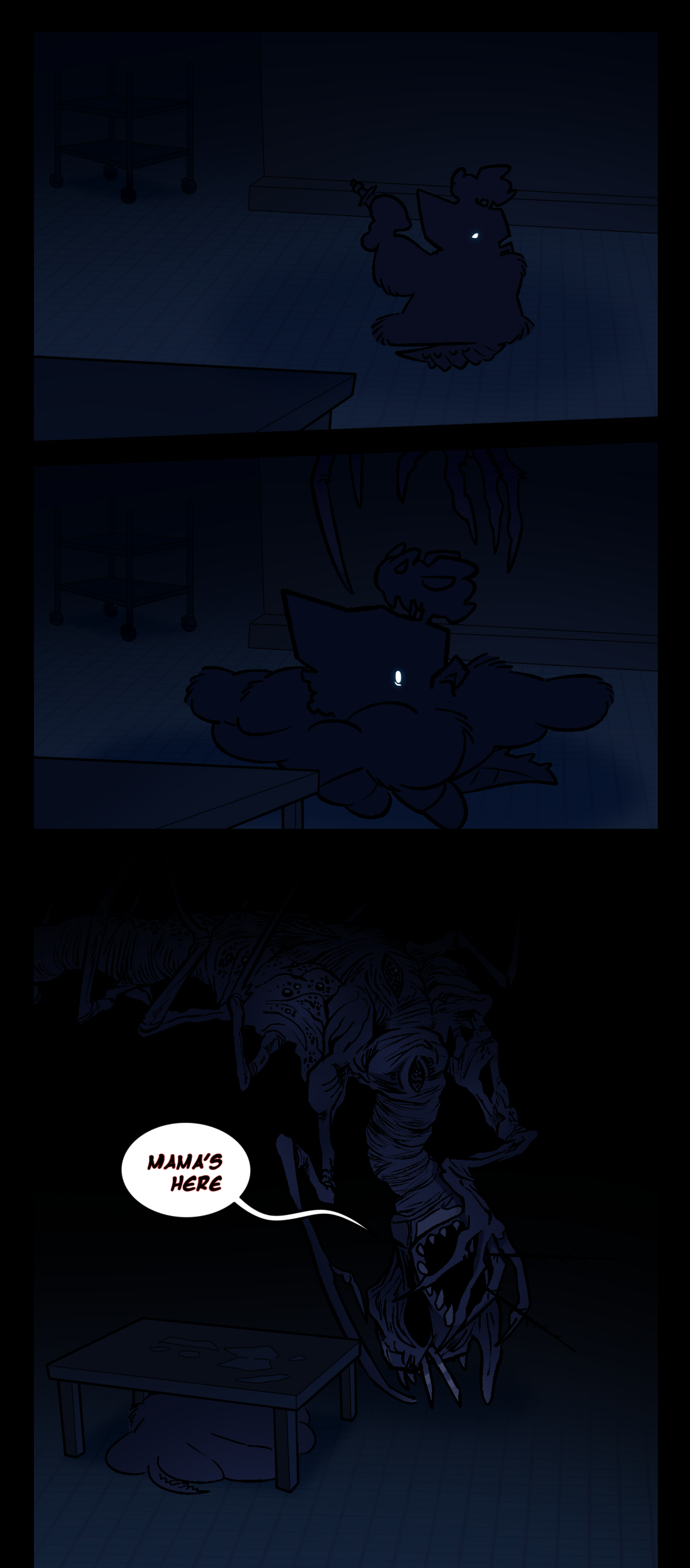 In the dark, Fossil points the ray gun blindly before deciding to run towards the table. Long legs descend from the ceiling down to where Fossil was standing as she hides under the table. A large assimilated razor hangs down from the ceiling, hand over its stretched mouth as it calls, Mama's here. Shroud spines protrude from its throat.