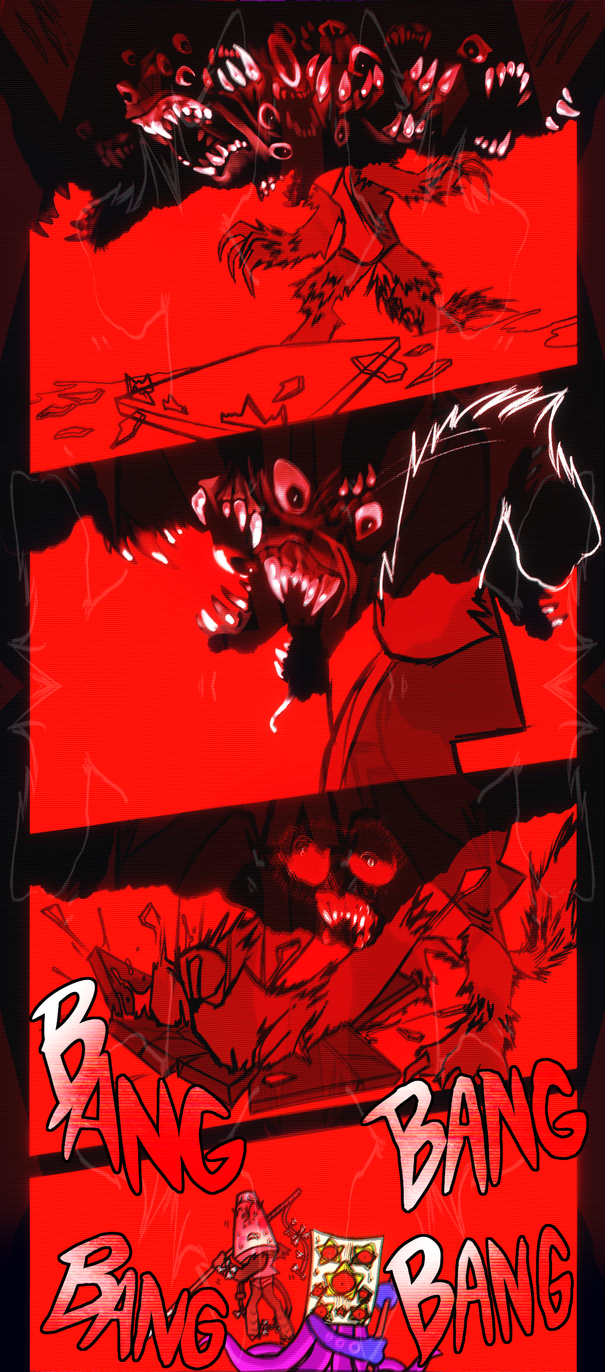 Razor stands over his remains and continues pummeling him with her fists, getting glass in her skin. Text repeats the word bang as she continues smashing his remains.