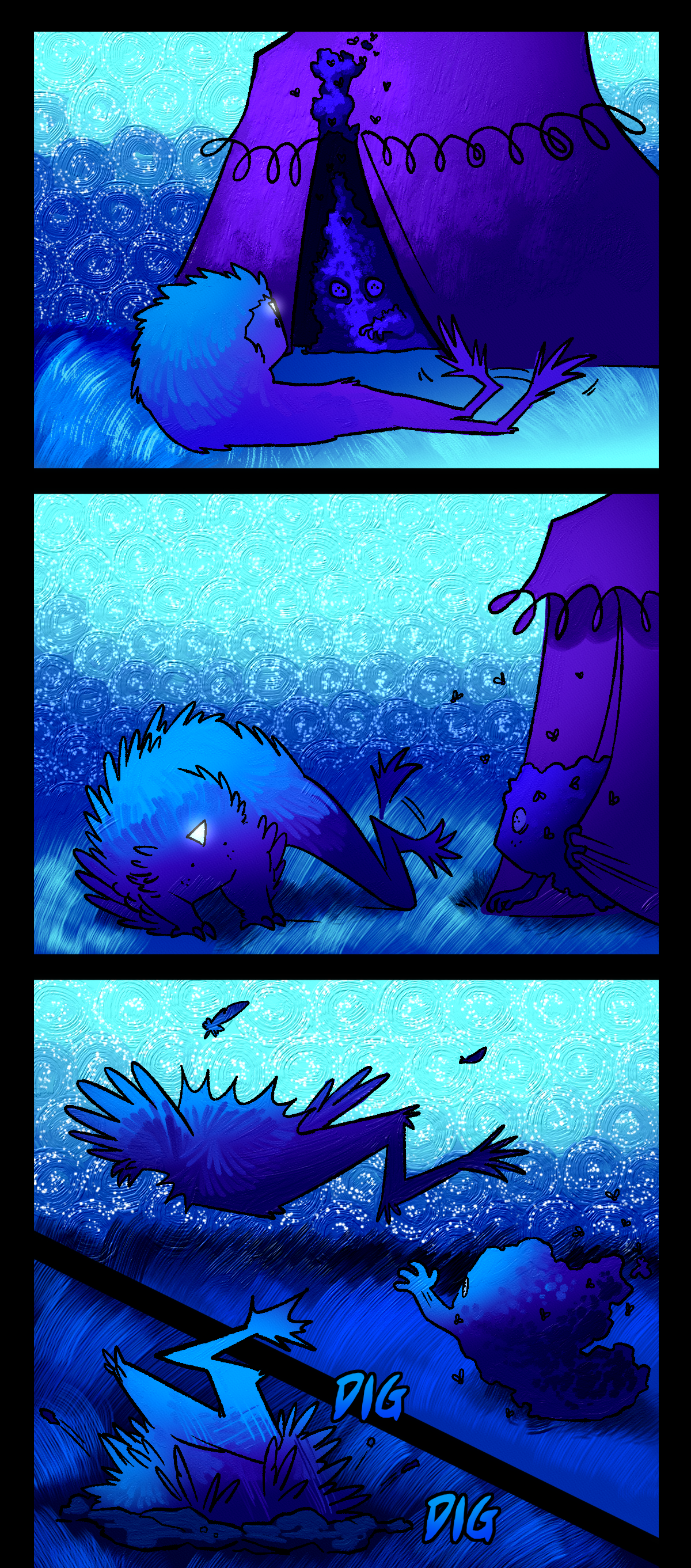 The ten opens to reveal Comet, who is completely obscured by a large swarm of flies. Some flies pour out from the top of the tent and into the night sky. The Nightcrawler flicks its tail, assuming a playful position. Comet leans forward out of the tent. The Nightcrawler, puffs up, bouncing away as Comet chases it with an outstretched arm. The Nightcrawler dives into the ground and begins to dig. Text says dig dig.