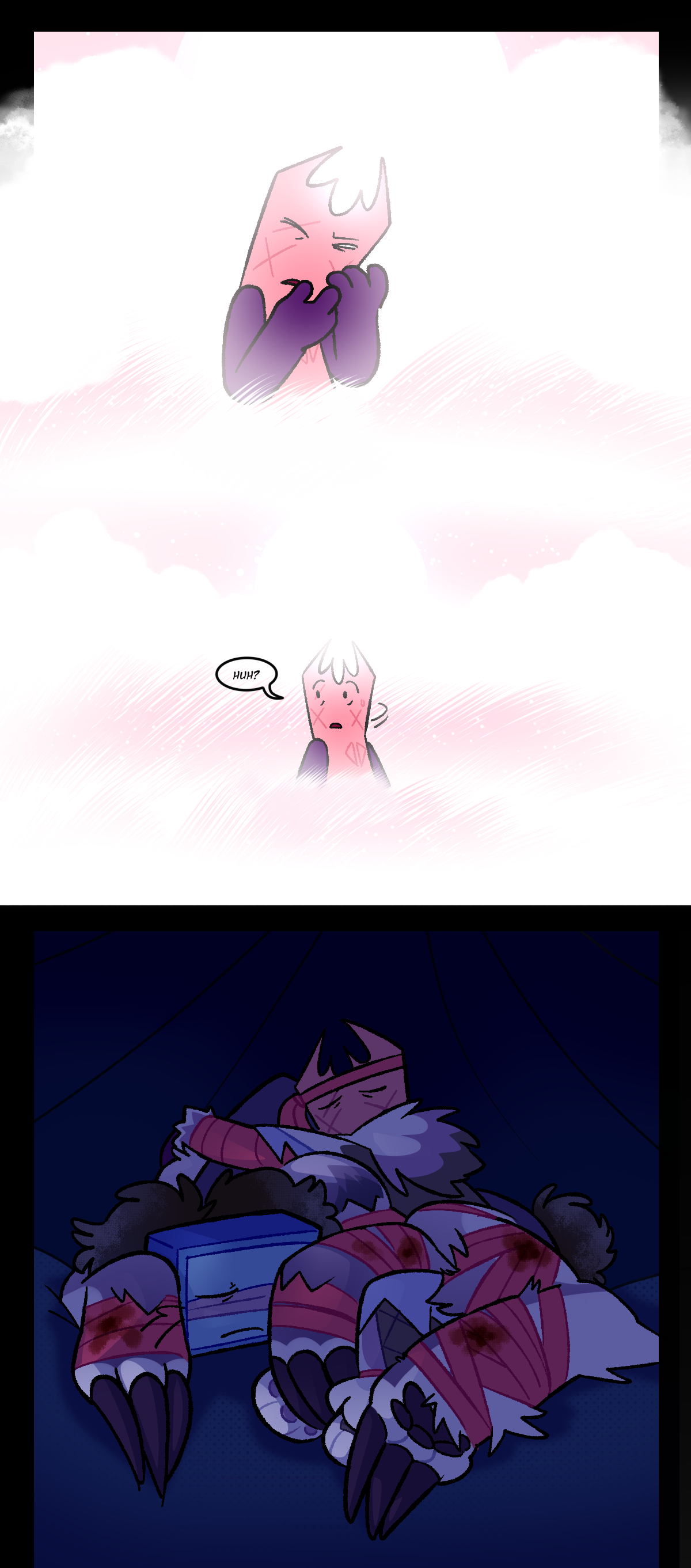 Suddenly, Gum is placed in a surreal light environment with white clouds, a pink sky, and pink grass. She is naked and has her eye scar back. She turns to her side, asking, huh? Meanwhile, in the real world, she clings to Razor who is wrapped around her trying to sleep.