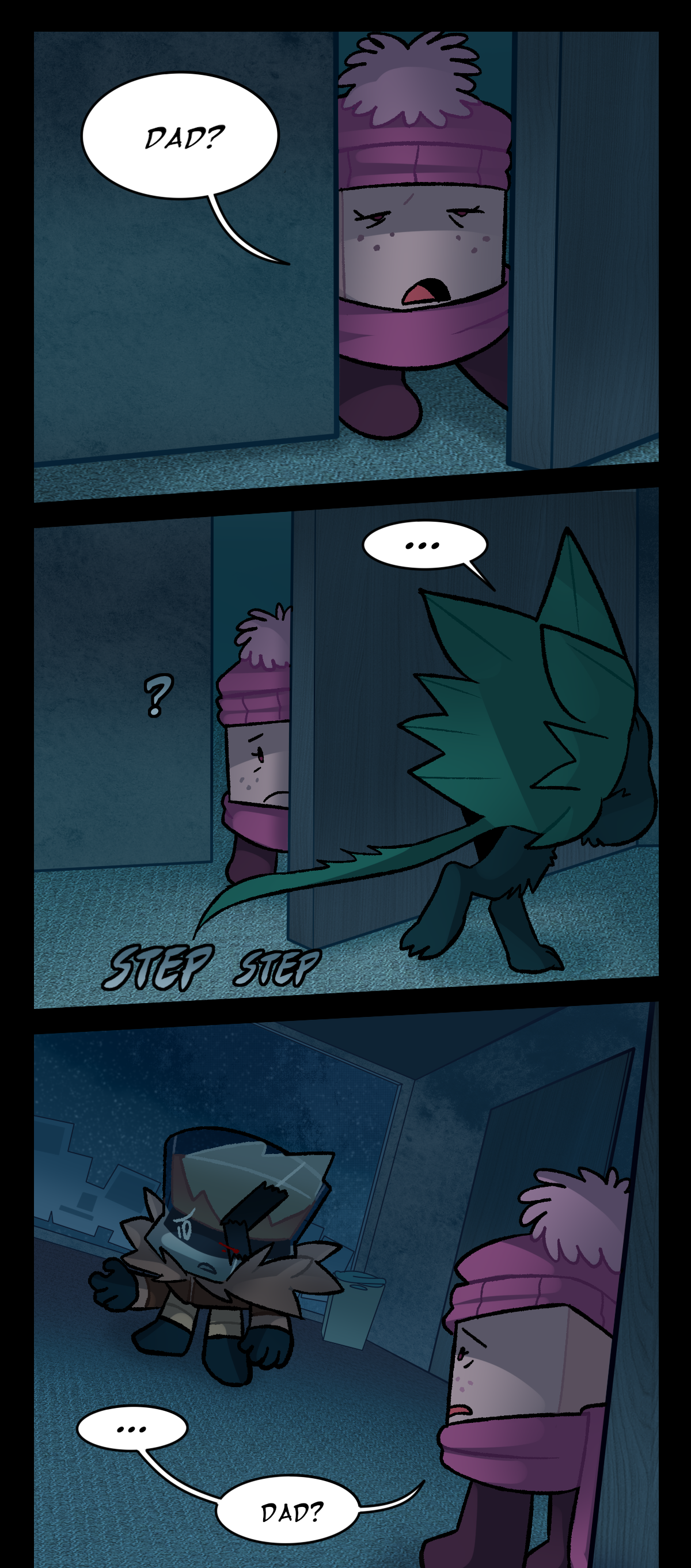 Sugarcube says, Dad? Minty rushes past her, covering his face. Text says step step. Sugarcube looks at Brandy confusedly and asks again, Dad?