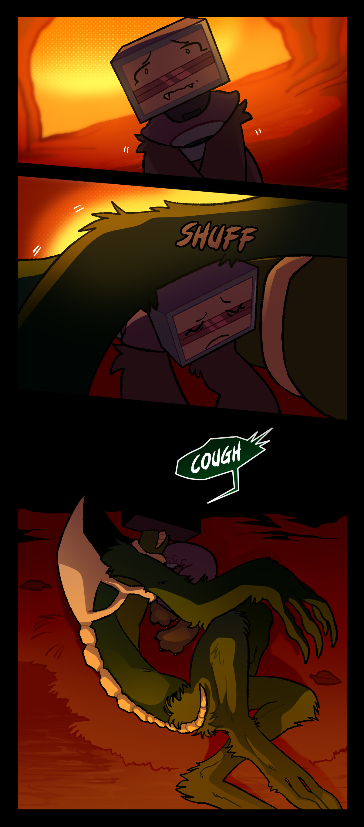 Upset, Dolly crawls under Billie's arm, text above her head reading, Shuff. Billie coughs loudly and curls around Dolly protectively, her face hidden in dark shadows.